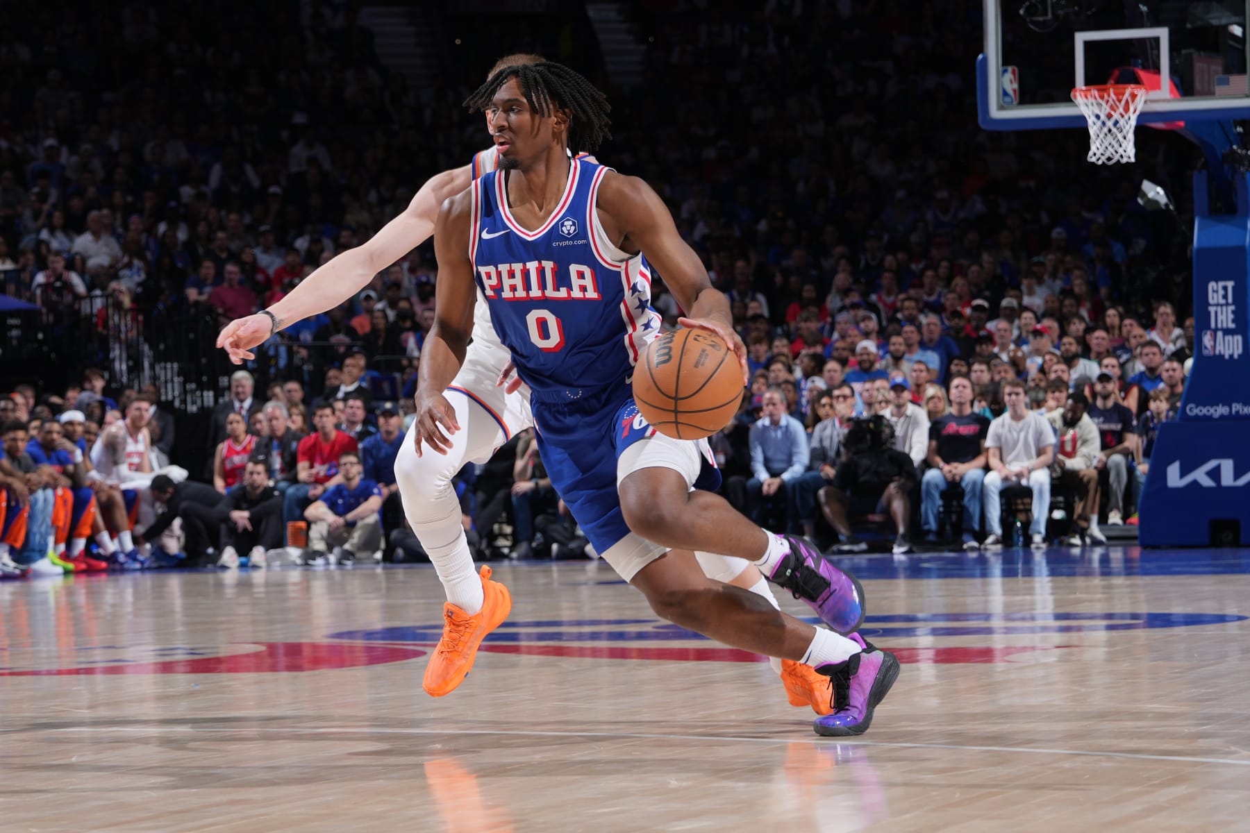 PHILADELPHIA, PA - MAY 2: Tyrese Maxey #0 of the Philadelphia 76ers dribbles the ball during the game against the New York Knicks during Round 1 Game 6 of the 2024 NBA Playoffs on May 2, 2024 at the Wells Fargo Center in Philadelphia, Pennsylvania NOTE TO USER: User expressly acknowledges and agrees that, by downloading and/or using this Photograph, user is consenting to the terms and conditions of the Getty Images License Agreement. Mandatory Copyright Notice: Copyright 2024 NBAE (Photo by Jesse D. Garrabrant/NBAE via Getty Images)