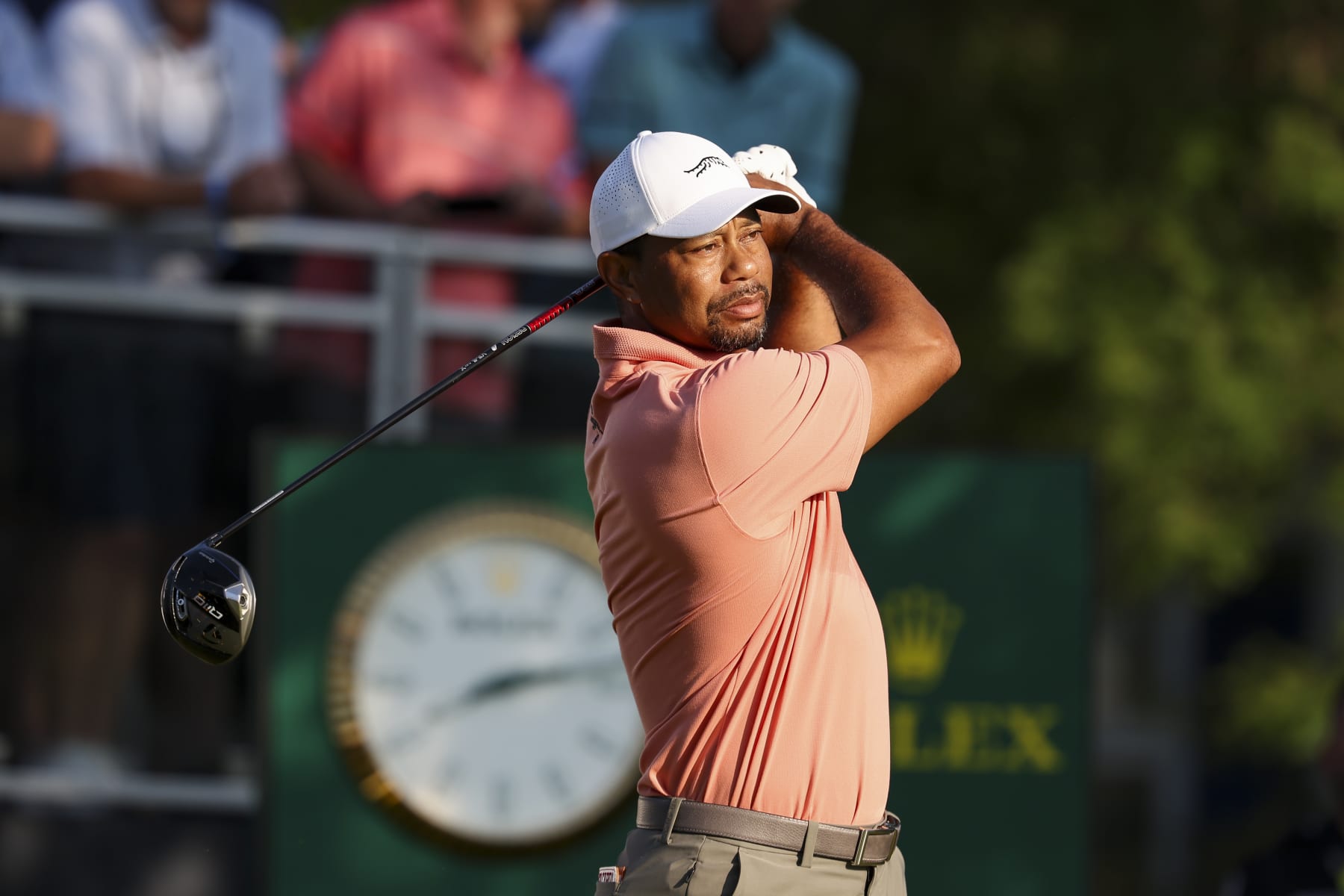 LOUISVILLE, KY - MAY 16: Tiger Woods practices his tee shot on the 10th hole tee box during the first round of the PGA Championship at Valhalla Golf Club on Thursday, May 16, 2024 in Louisville, Kentucky. (Photo by Scott Taetsch/PGA of America via Getty Images)
