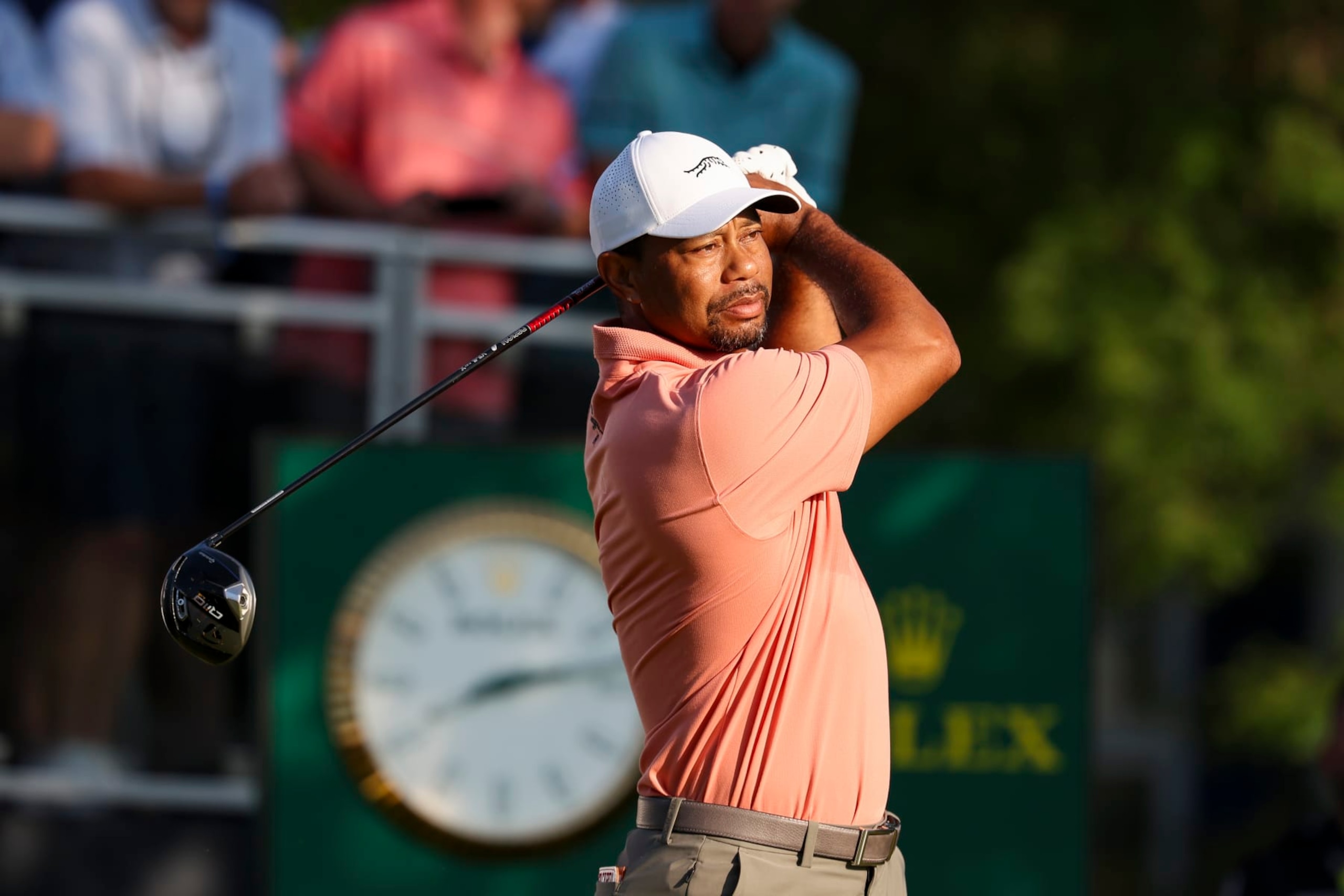 LOUISVILLE, KY - MAY 16: Tiger Woods practices his tee shot on the 10th hole tee box during the first round of the PGA Championship at Valhalla Golf Club on Thursday, May 16, 2024 in Louisville, Kentucky. (Photo by Scott Taetsch/PGA of America via Getty Images)