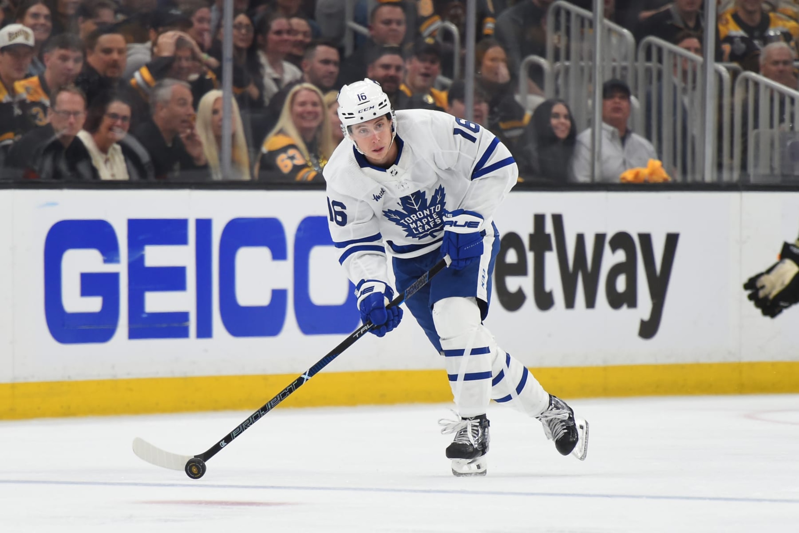 BOSTON, MASSACHUSETTS - MAY 4: Mitch Marner #16 of the Toronto Maple Leafs skates with the puck against the Boston Bruins in Game Seven of the First Round of the 2024 Stanley Cup Playoffs at the TD Garden on May 4, 2024 in Boston, Massachusetts. (Photo by Steve Babineau/NHLI via Getty Images) BOSTON, MASSACHUSETTS - MAY 4: Mitch Marner #16 of the Toronto Maple Leafs skates with the puck against the Boston Bruins in Game Seven of the First Round of the 2024 Stanley Cup Playoffs at the TD Garden on May 4, 2024 in Boston, Massachusetts. (Photo by Steve Babineau/NHLI via Getty Images)