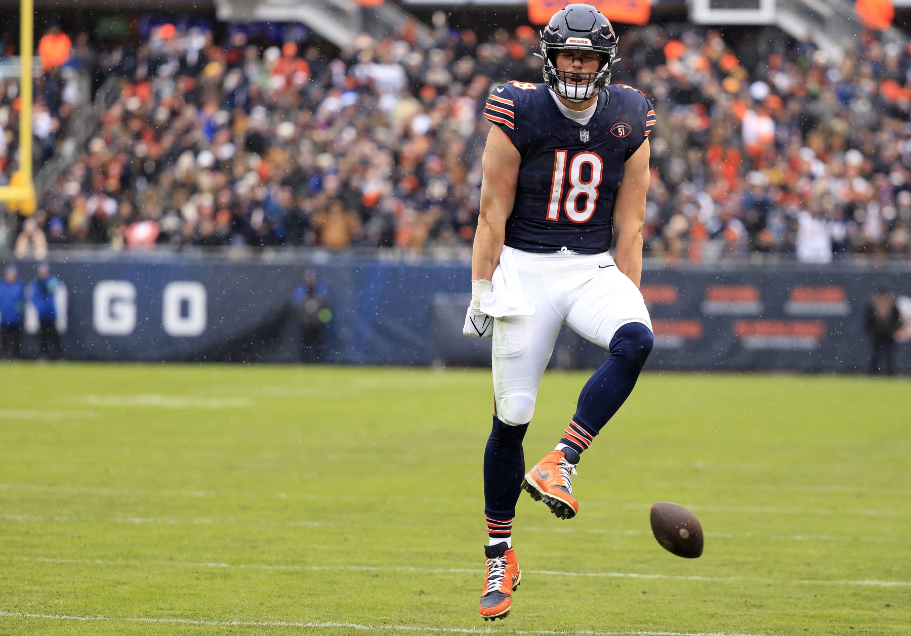 CHICAGO, ILLINOIS - DECEMBER 31: Robert Tonyan #18 of the Chicago Bears reacts after a catch during the second quarter against the Atlanta Falcons at Soldier Field on December 31, 2023 in Chicago, Illinois. (Photo by Justin Casterline/Getty Images)