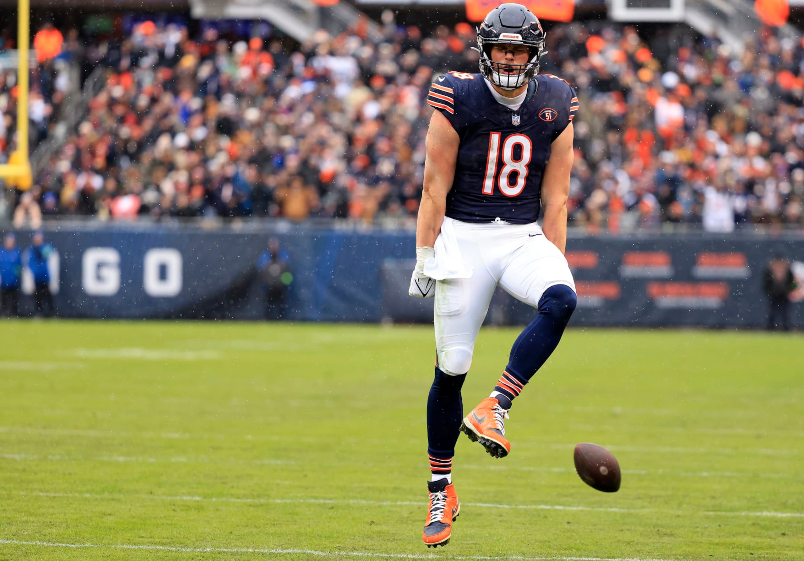 CHICAGO, ILLINOIS - DECEMBER 31: Robert Tonyan #18 of the Chicago Bears reacts after a catch during the second quarter against the Atlanta Falcons at Soldier Field on December 31, 2023 in Chicago, Illinois. (Photo by Justin Casterline/Getty Images)