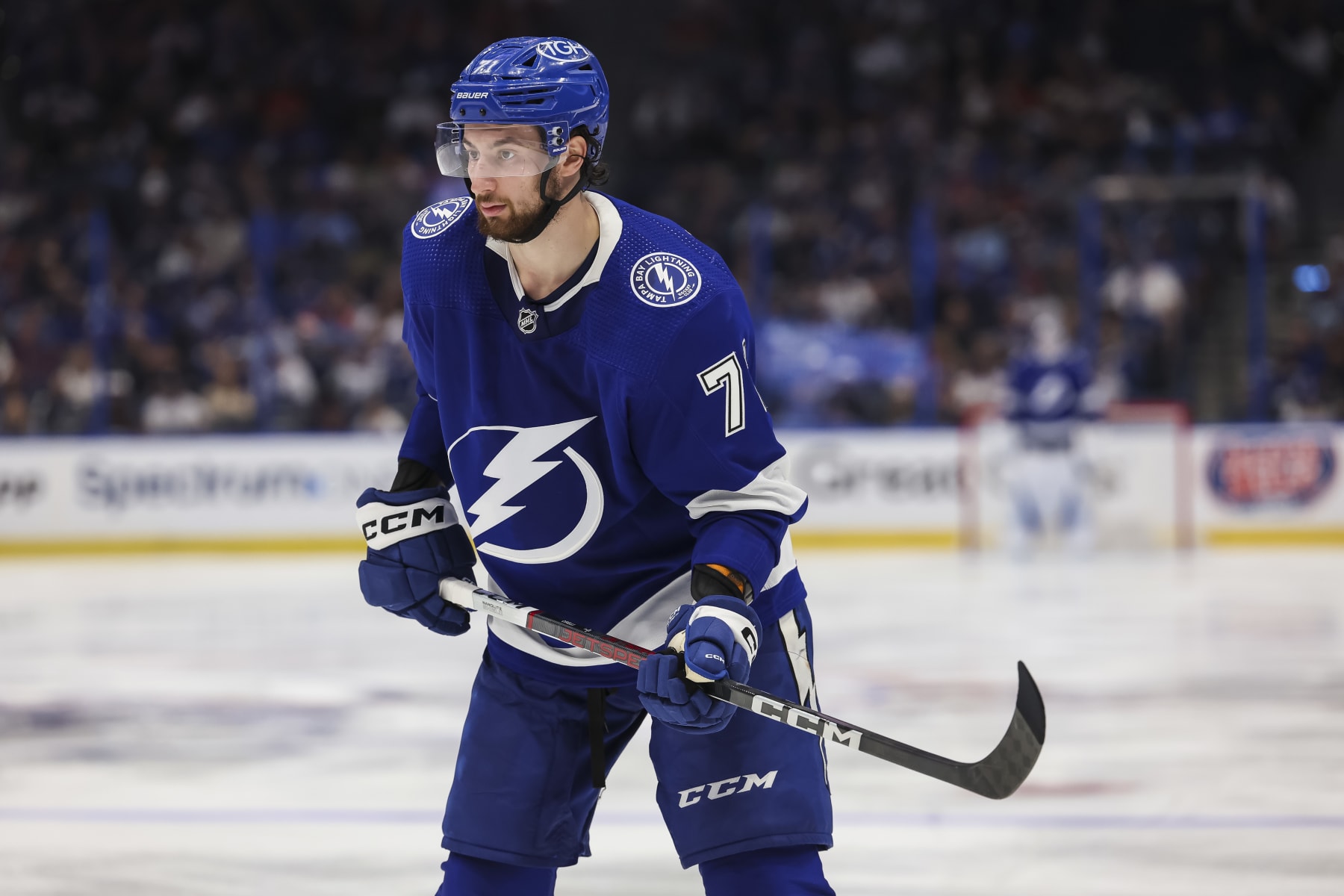 TAMPA, FL - APRIL 25: Anthony Cirelli #71 of the Tampa Bay Lightning skates against the Florida Panthers in Game Three of the First Round of the 2024 Stanley Cup Playoffs at Amalie Arena on April 25, 2024 in Tampa, Florida. (Photo by Mark LoMoglio/NHLI via Getty Images)