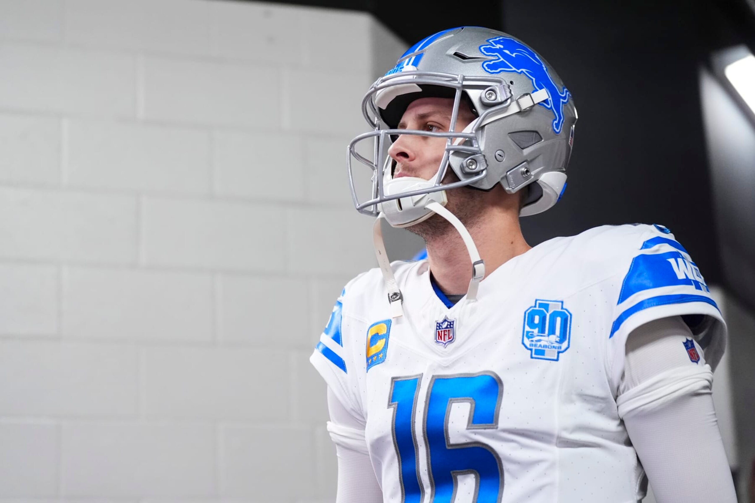 SANTA CLARA, CA - JANUARY 28: Jared Goff #16 of the Detroit Lions walks out for warmups prior to the NFC Championship NFL football game against the San Francisco 49ers at Levi's Stadium on January 28, 2024 in Santa Clara, California. (Photo by Cooper Neill/Getty Images)