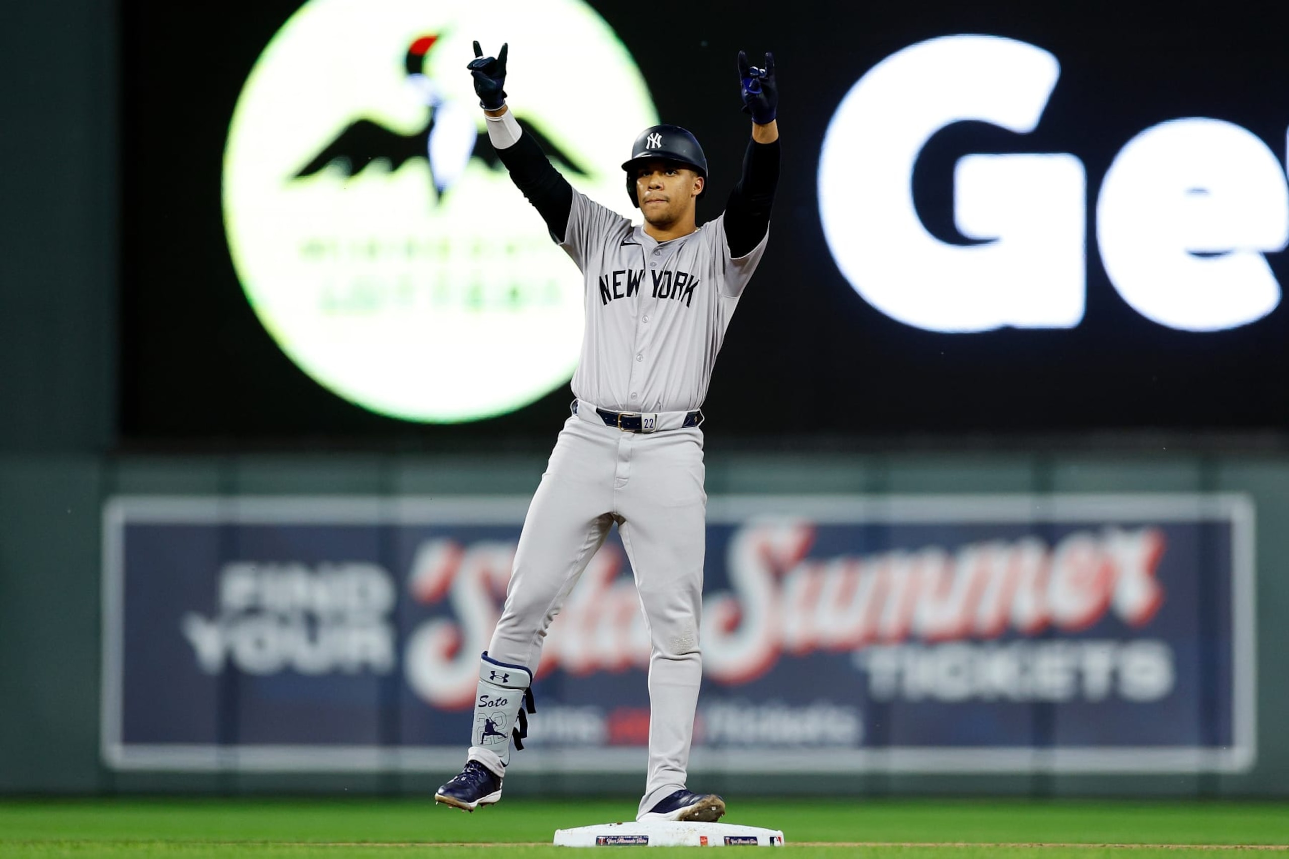 MINNEAPOLIS, MINNESOTA - MAY 15: Juan Soto #22 of the New York Yankees celebrates his double against the Minnesota Twins in the seventh inning at Target Field on May 15, 2024 in Minneapolis, Minnesota. The Yankees defeated the Twins 4-0. (Photo by David Berding/Getty Images)