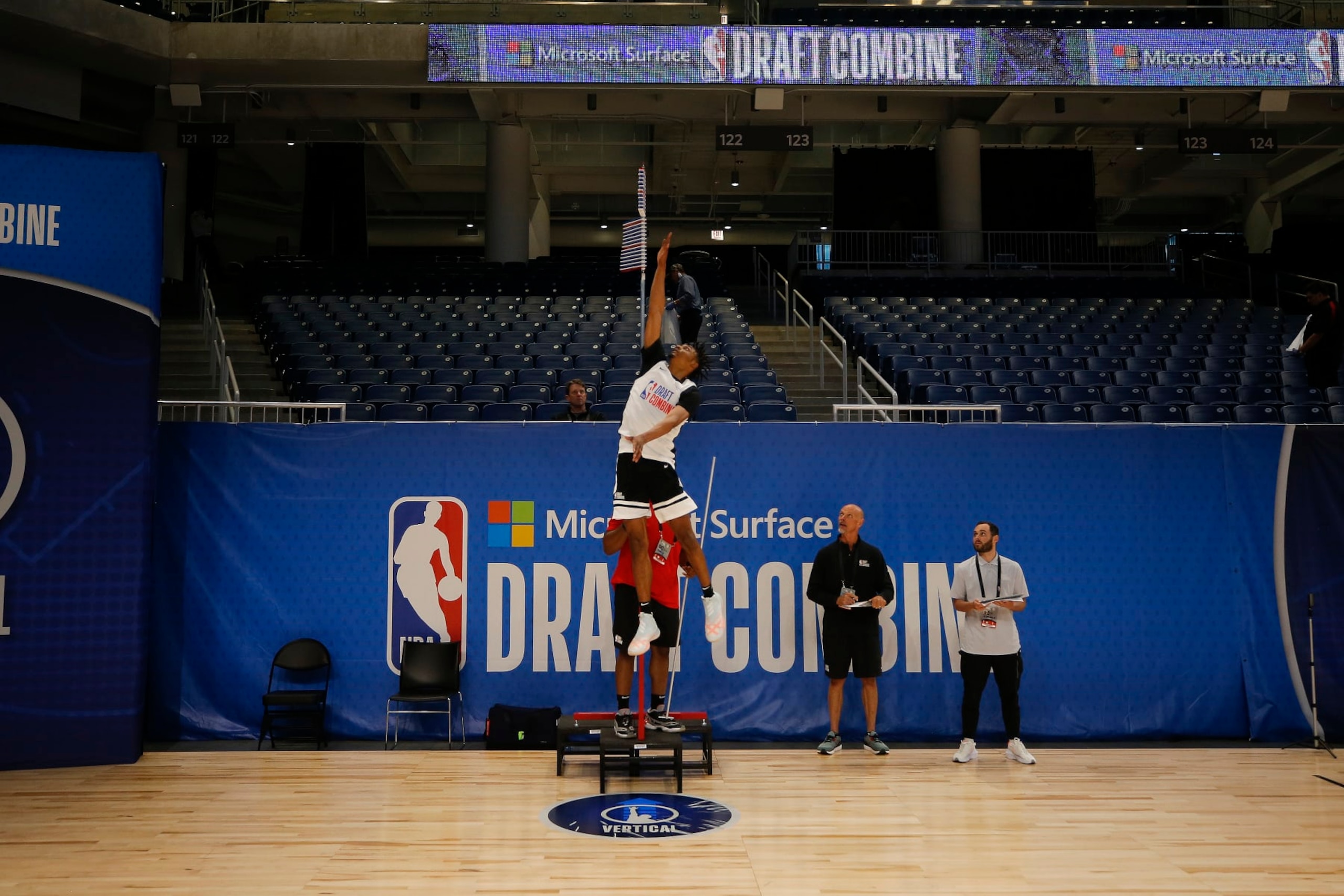 CHICAGO, IL - JUNE 23: NBA Draft Prospect, Keon Johnson sets the NBA Combine record with a 48 inch vertical leap during the 2021 NBA Draft Combine on June 23, 2021 at the Wintrust Arena in Chicago, Illinois. NOTE TO USER: User expressly acknowledges and agrees that, by downloading and or using this photograph, user is consenting to the terms and conditions of the Getty Images License Agreement. Mandatory Copyright Notice: Copyright 2021 NBAE (Photo by Jeff Haynes/NBAE via Getty Images)