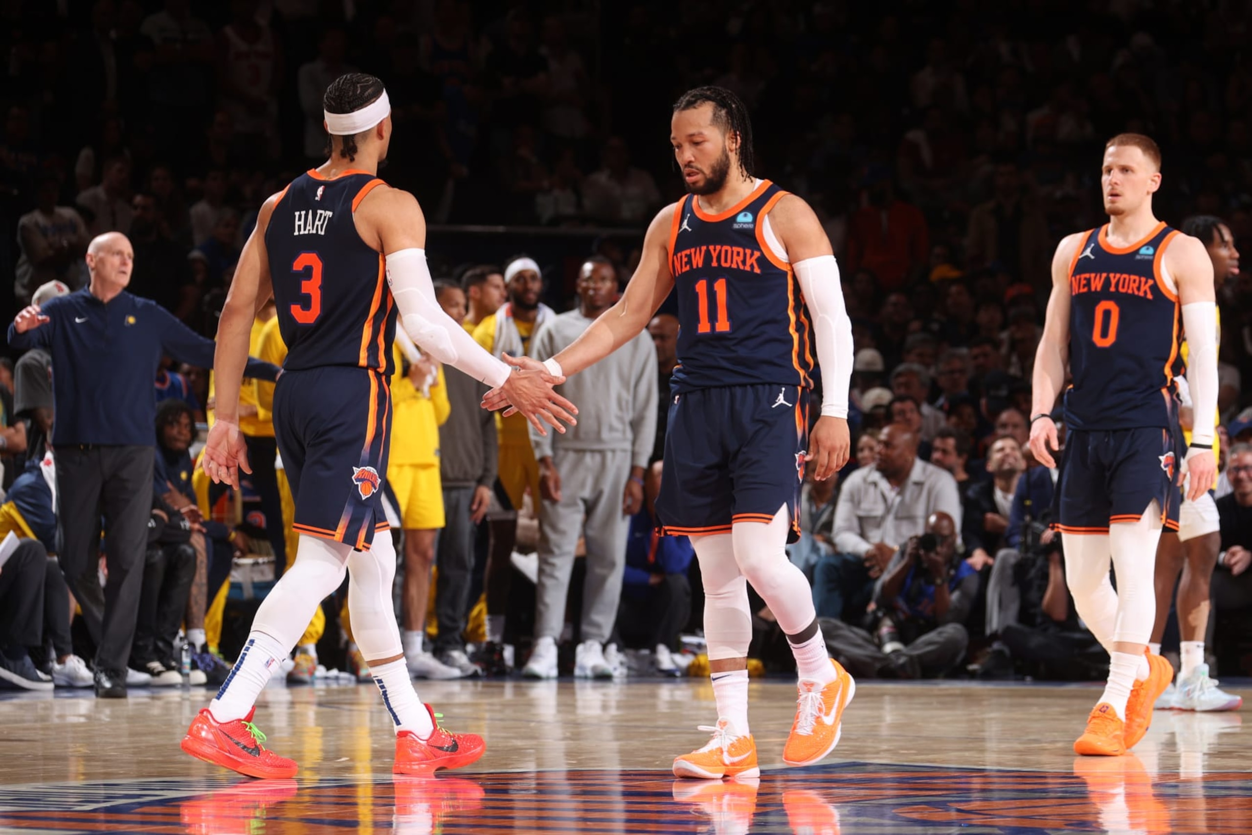 NEW YORK, NY - MAY 8: Jalen Brunson #11 high five during the game Josh Hart #3 of the New York Knicks during the game against the Indiana Pacers during Round 2 Game 2 of the 2024 NBA Playoffs on May 8, 2024 at Madison Square Garden in New York City, New York.  NOTE TO USER: User expressly acknowledges and agrees that, by downloading and or using this photograph, User is consenting to the terms and conditions of the Getty Images License Agreement. Mandatory Copyright Notice: Copyright 2024 NBAE  (Photo by Nathaniel S. Butler/NBAE via Getty Images)