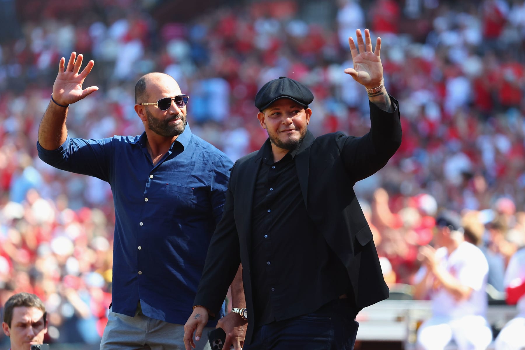 ST LOUIS, MISSOURI - OCTOBER 1: Former St. Louis Cardinals players Albert Pujols and Yadier Molina during a pre-game retirement ceremony to honor Adam Wainwright #50 of the St. Louis Cardinals prior to a game against the Cincinnati Reds at Busch Stadium on October 1, 2023 in St Louis, Missouri. (Photo by Dilip Vishwanat/Getty Images)
