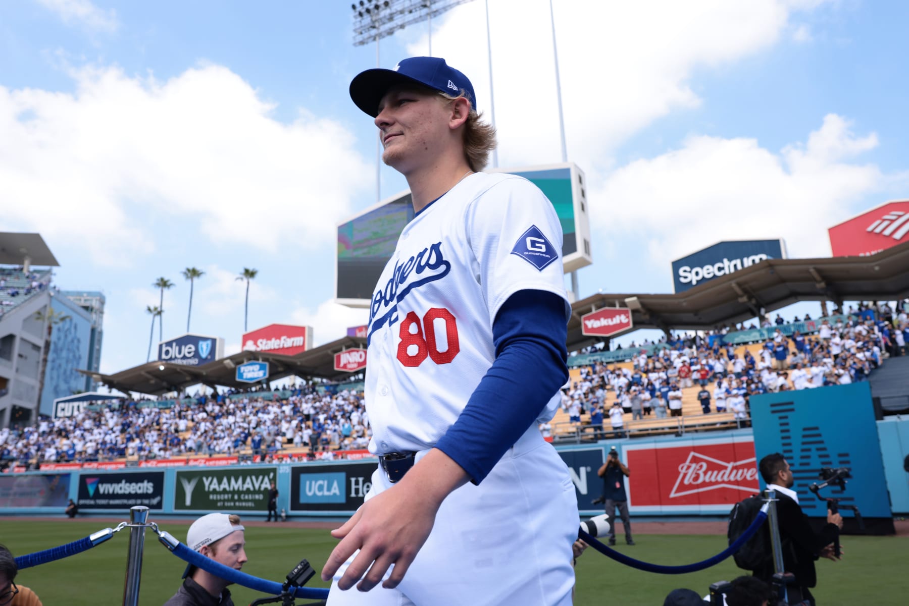 LOS ANGELES, CA - MARCH 28:  Emmet Sheehan #80 of the Los Angeles Dodgers walks onto the field during the game between the St. Louis Cardinals and the Los Angeles Dodgers at Dodger Stadium on Thursday, March 28, 2024 in Los Angeles, California. (Photo by Katelyn Mulcahy/MLB Photos via Getty Images)