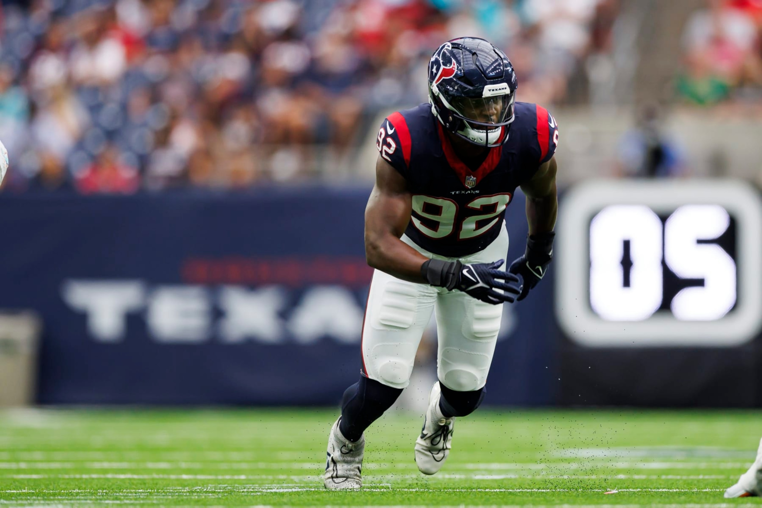 HOUSTON, TEXAS - AUGUST 19: Dylan Horton #92 of the Houston Texans runs around the edge during an NFL preseason football game against the Miami Dolphins at NRG Stadium on August 19, 2023 in Houston, Texas. (Photo by Ryan Kang/Getty Images) HOUSTON, TEXAS - AUGUST 19: Dylan Horton #92 of the Houston Texans runs around the edge during an NFL preseason football game against the Miami Dolphins at NRG Stadium on August 19, 2023 in Houston, Texas. (Photo by Ryan Kang/Getty Images)