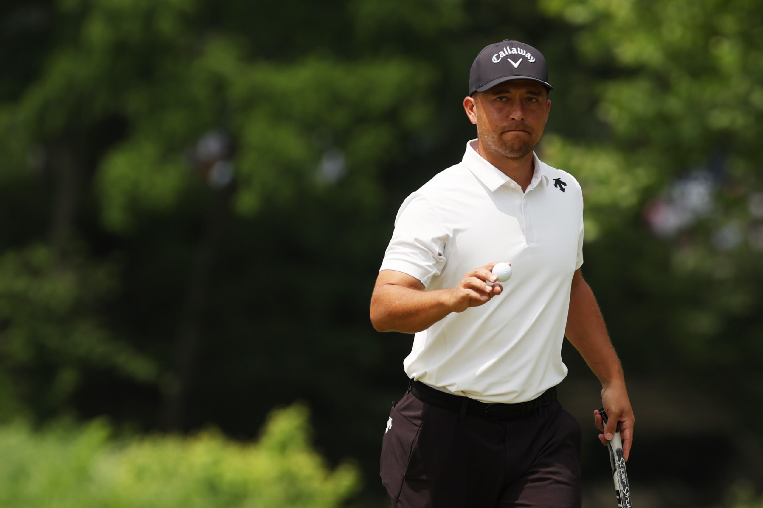 LOUISVILLE, KENTUCKY - MAY 16: Xander Schauffele of the United States reacts on the eighth green during the first round of the 2024 PGA Championship at Valhalla Golf Club on May 16, 2024 in Louisville, Kentucky. (Photo by Patrick Smith/Getty Images)
