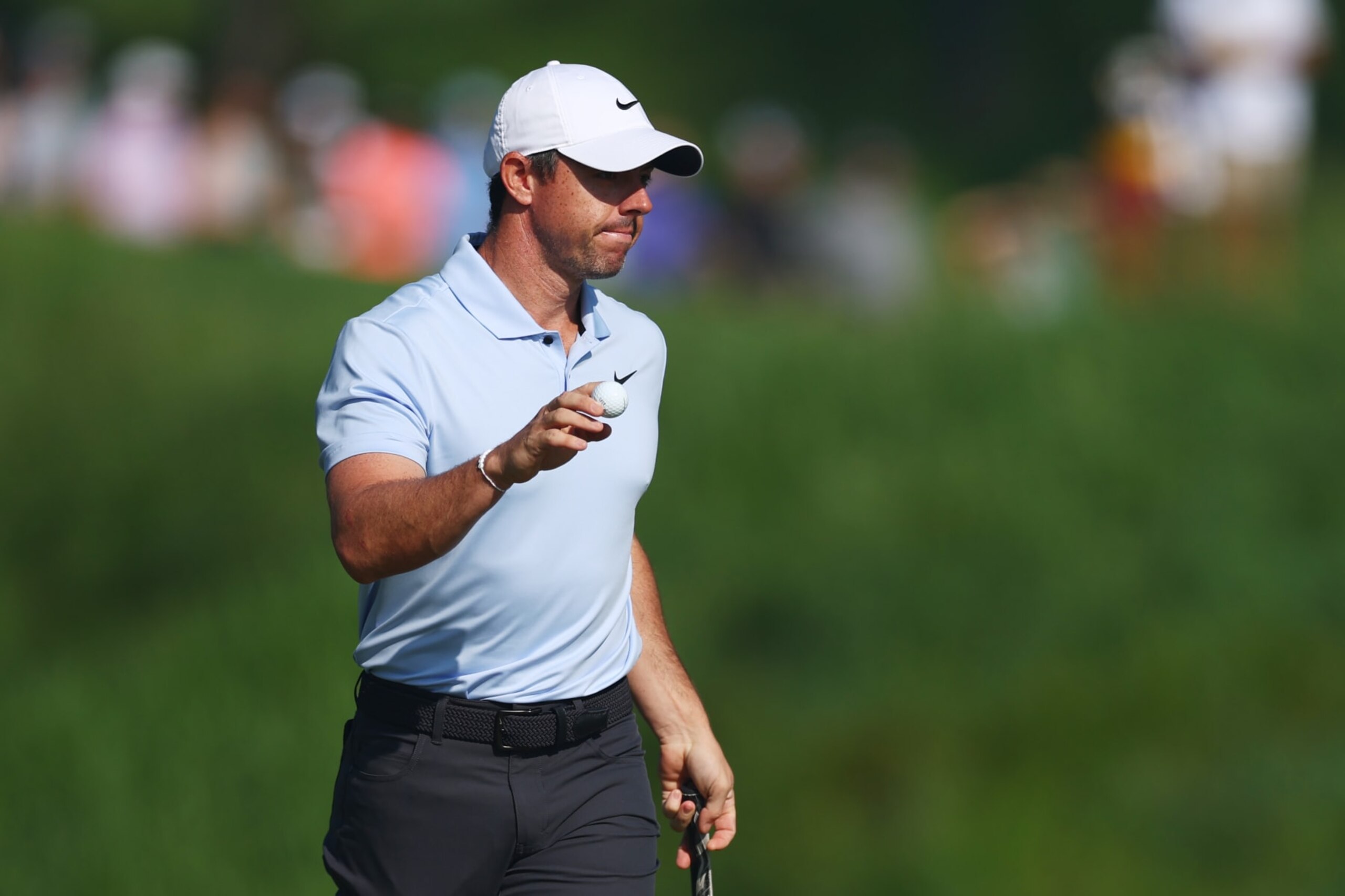 LOUISVILLE, KENTUCKY - MAY 16: Rory McIlroy of Northern Ireland reacts on the 13th green during the first round of the 2024 PGA Championship at Valhalla Golf Club on May 16, 2024 in Louisville, Kentucky. (Photo by Maddie Meyer/PGA of America via Getty Images )