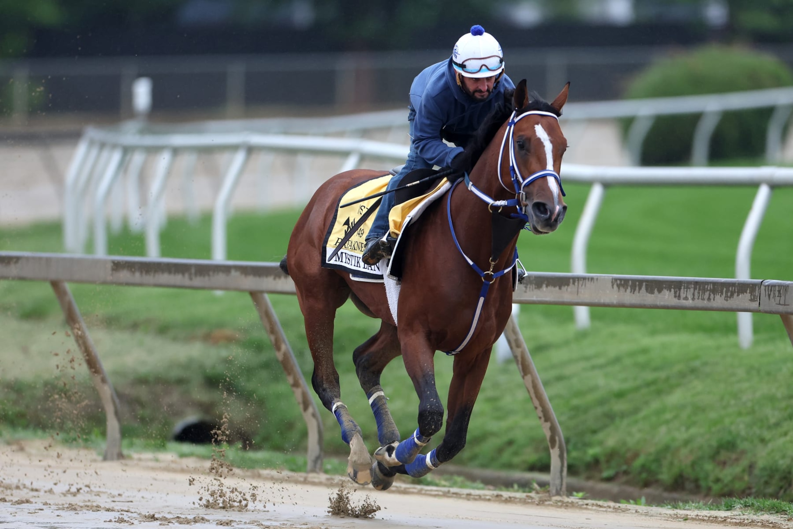BALTIMORE, MARYLAND - MAY 15: Exercise rider 
Robby Albarado takes Kentucky Derby winner Mystik Dan over the track during a training session ahead of the 149th running of the Preakness Stakes at Pimlico Race Course on May 15, 2024 in Baltimore, Maryland. (Photo by Rob Carr/Getty Images)