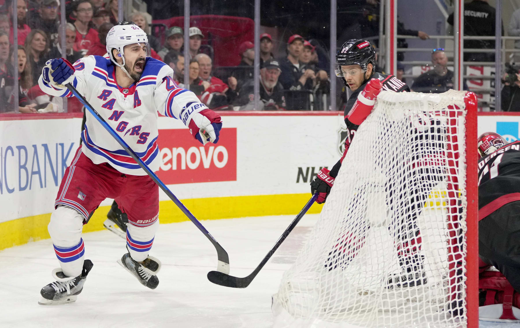 RALEIGH, NORTH CAROLINA - MAY 16: Chris Kreider #20 of the New York Rangers celebrates a goal against the Carolina Hurricanes during the third period in Game Six of the Second Round of the 2024 Stanley Cup Playoffs at PNC Arena on May 16, 2024 in Raleigh, North Carolina.  (Photo by Grant Halverson/Getty Images)