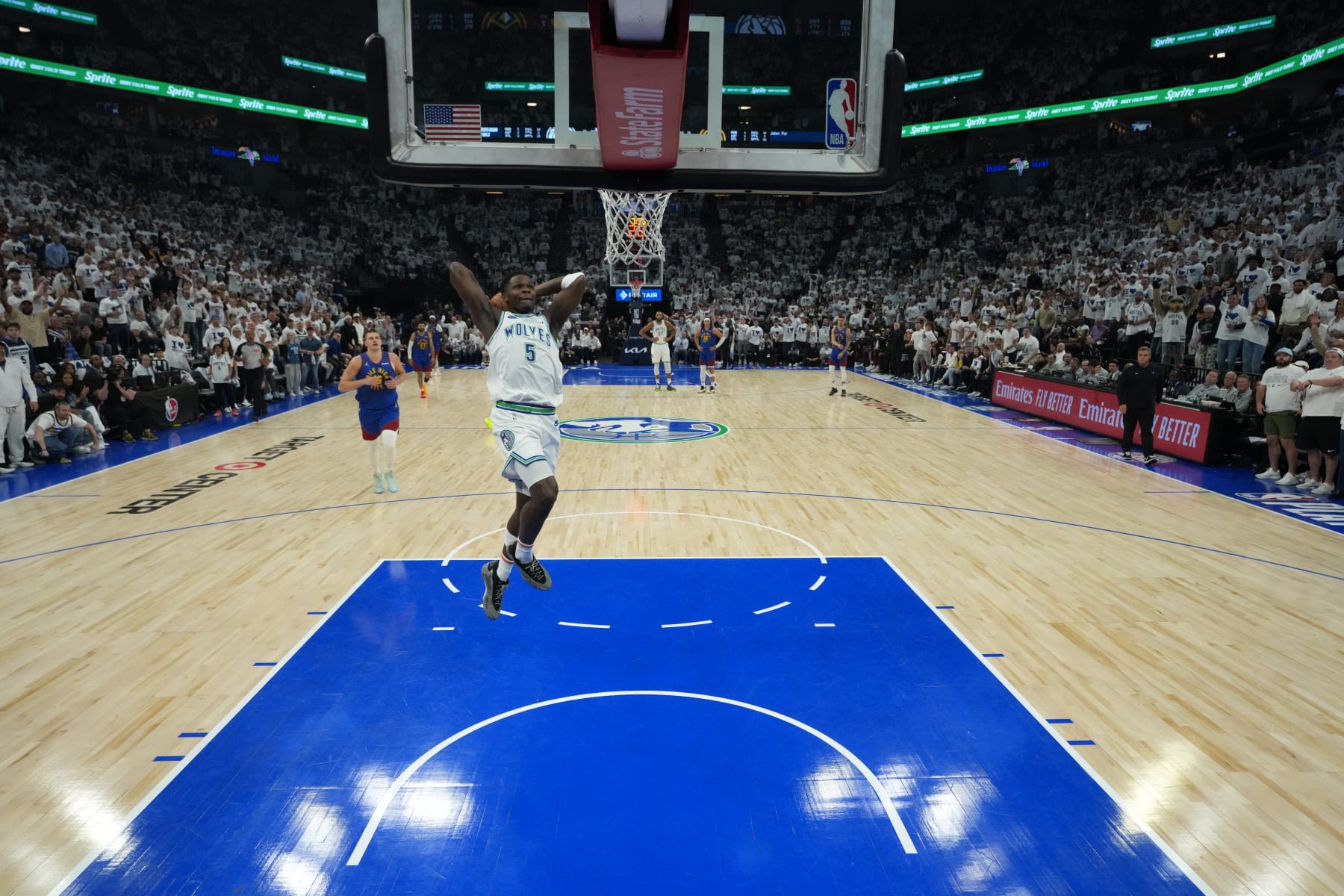 MINNEAPOLIS, MN -  MAY 16: Anthony Edwards #5 of the Minnesota Timberwolves dunks the ball during the game against the Denver Nuggets during Round 2 Game 6 of the 2024 NBA Playoffs on May 16, 2024 at Target Center in Minneapolis, Minnesota. NOTE TO USER: User expressly acknowledges and agrees that, by downloading and or using this Photograph, user is consenting to the terms and conditions of the Getty Images License Agreement. Mandatory Copyright Notice: Copyright 2024 NBAE (Photo by Jordan Johnson/NBAE via Getty Images)