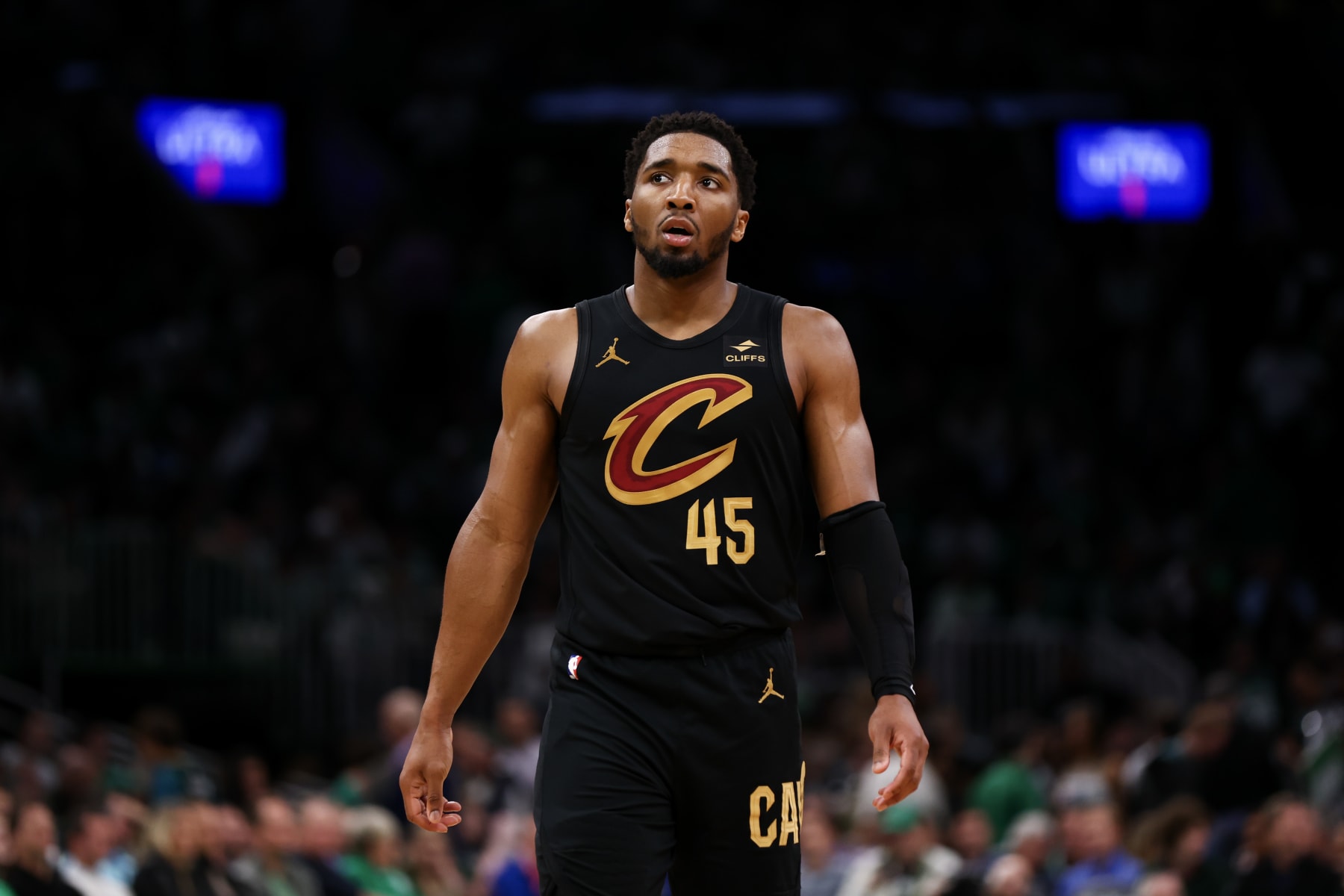 BOSTON, MASSACHUSETTS - MAY 09: Donovan Mitchell #45 of the Cleveland Cavaliers reacts during the fourth quarter against the Boston Celtics in Game Two of the Eastern Conference Second Round Playoffs at TD Garden on May 09, 2024 in Boston, Massachusetts. NOTE TO USER: User expressly acknowledges and agrees that, by downloading and or using this photograph, User is consenting to the terms and conditions of the Getty Images License Agreement. (Photo by Maddie Meyer/Getty Images)