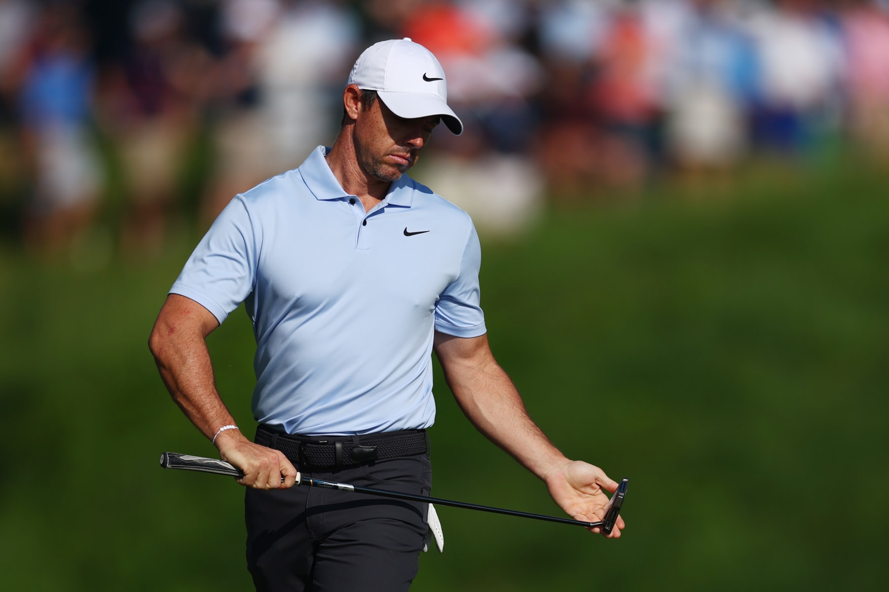 LOUISVILLE, KENTUCKY - MAY 16: Rory McIlroy of Northern Ireland looks on from the 13th green during the first round of the 2024 PGA Championship at Valhalla Golf Club on May 16, 2024 in Louisville, Kentucky. (Photo by Maddie Meyer/PGA of America via Getty Images )