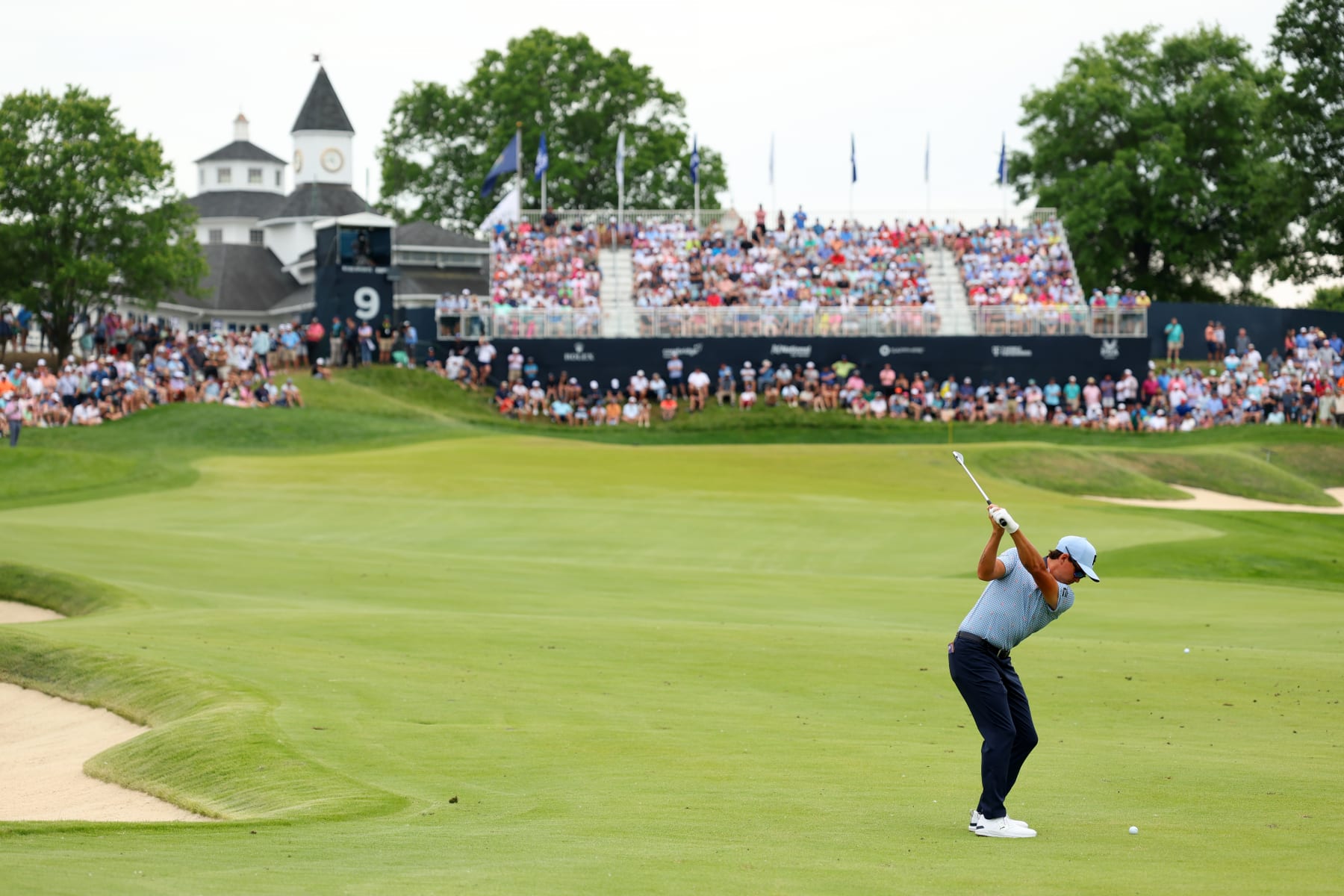 LOUISVILLE, KENTUCKY - MAY 16: Rickie Fowler of the United States plays an approach shot on the ninth hole during the first round of the 2024 PGA Championship at Valhalla Golf Club on May 16, 2024 in Louisville, Kentucky. (Photo by Michael Reaves/Getty Images)