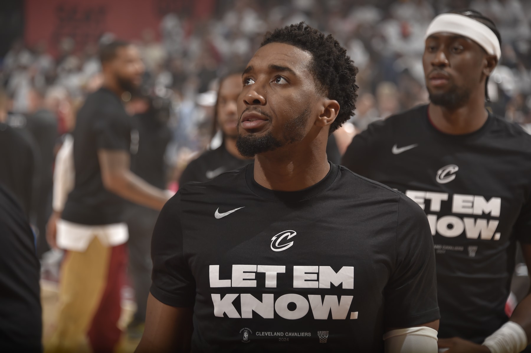 CLEVELAND, OH - MAY 11: Donovan Mitchell #45 of the Cleveland Cavaliers warms up before the game against the Boston Celtics during Round 2 Game 3 of the 2024 NBA Playoffs on May 11, 2024 at Rocket Mortgage FieldHouse in Cleveland, Ohio. NOTE TO USER: User expressly acknowledges and agrees that, by downloading and/or using this Photograph, user is consenting to the terms and conditions of the Getty Images License Agreement. Mandatory Copyright Notice: Copyright 2024 NBAE (Photo by David Liam Kyle/NBAE via Getty Images)