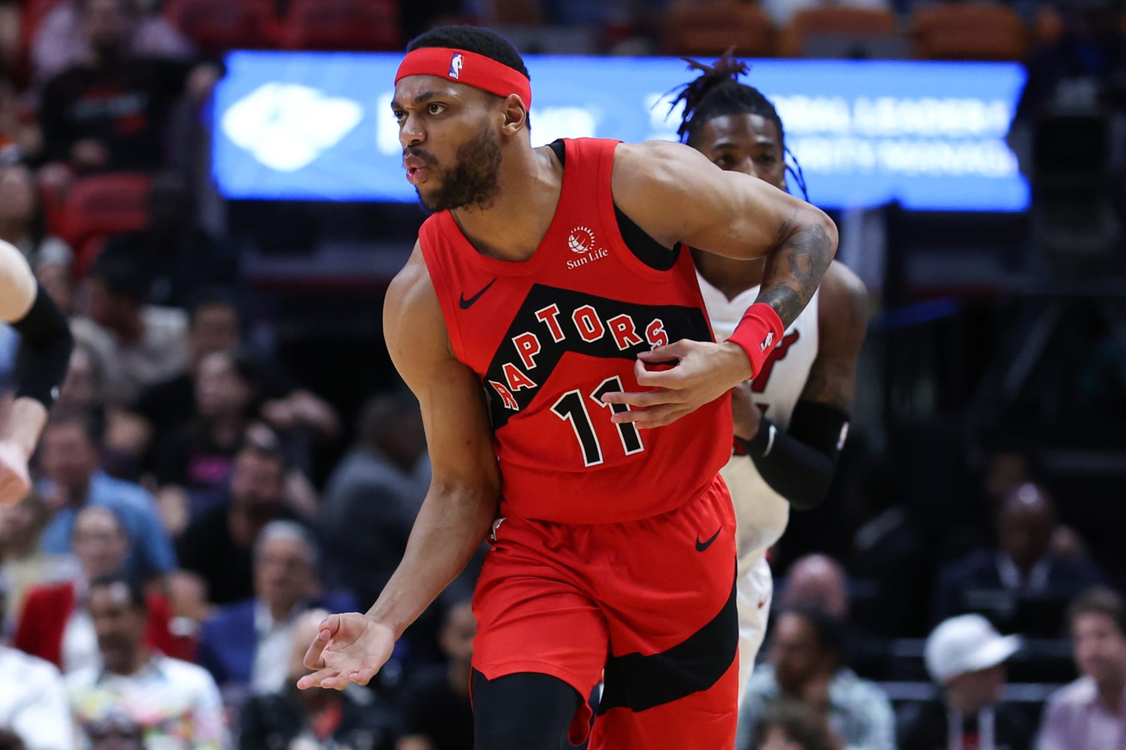 MIAMI, FLORIDA - APRIL 12: Bruce Brown #11 of the Toronto Raptors reacts after making a basket against the Miami Heat during the second quarter of the game at Kaseya Center on April 12, 2024 in Miami, Florida. NOTE TO USER: User expressly acknowledges and agrees that, by downloading and or using this photograph, User is consenting to the terms and conditions of the Getty Images License Agreement. (Photo by Megan Briggs/Getty Images) MIAMI, FLORIDA - APRIL 12: Bruce Brown #11 of the Toronto Raptors reacts after making a basket against the Miami Heat during the second quarter of the game at Kaseya Center on April 12, 2024 in Miami, Florida. NOTE TO USER: User expressly acknowledges and agrees that, by downloading and or using this photograph, User is consenting to the terms and conditions of the Getty Images License Agreement. (Photo by Megan Briggs/Getty Images)