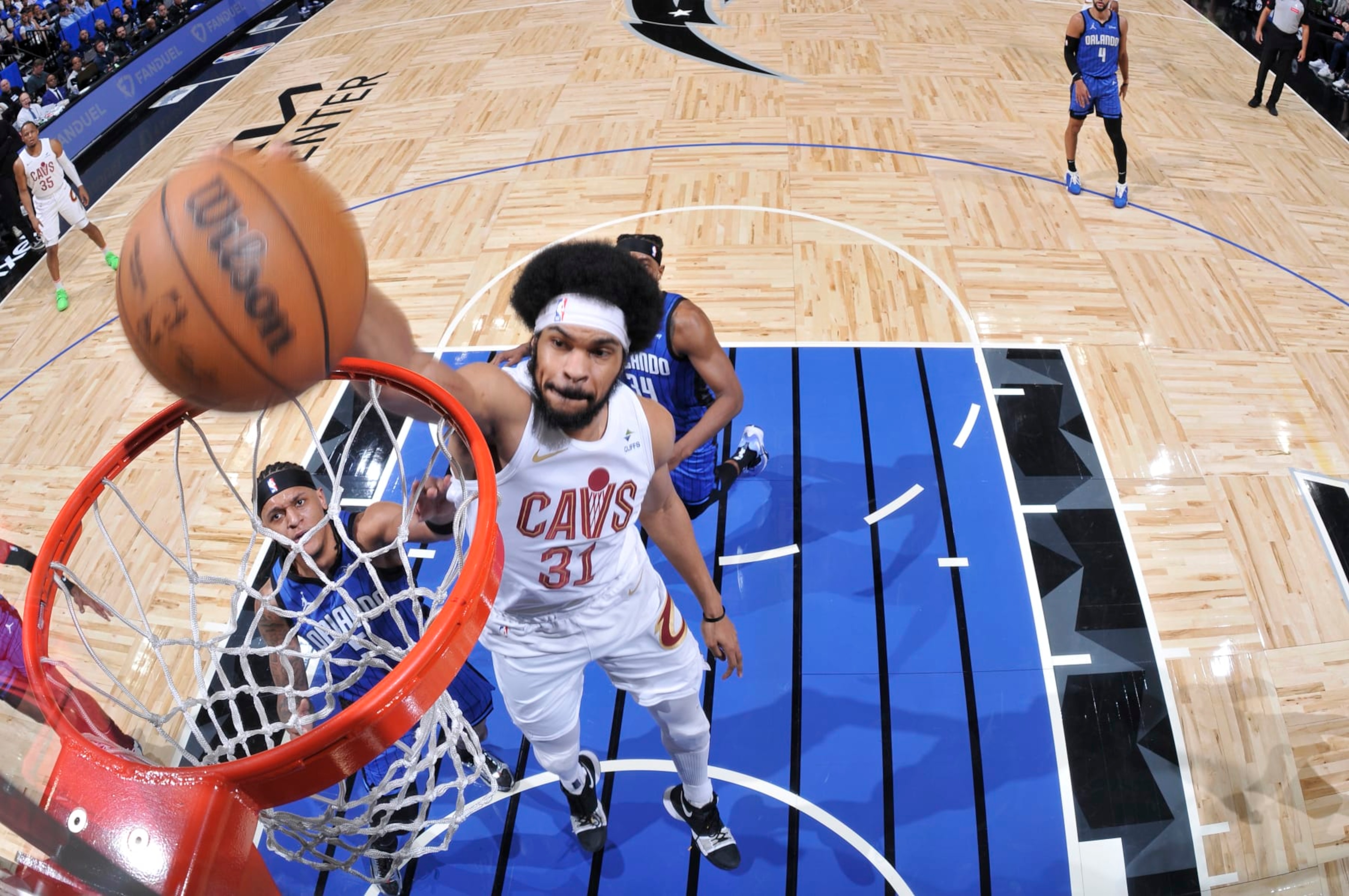 ORLANDO, FL - APRIL 27: Jarrett Allen #31 of the Cleveland Cavaliers dunks the ball during the game against the Orlando Magic during Round 1 Game 4 of the 2024 NBA Playoffs on April 27, 2024 at the Kia Center in Orlando, Florida. NOTE TO USER: User expressly acknowledges and agrees that, by downloading and or using this photograph, User is consenting to the terms and conditions of the Getty Images License Agreement. Mandatory Copyright Notice: Copyright 2024 NBAE (Photo by Fernando Medina/NBAE via Getty Images) ORLANDO, FL - APRIL 27: Jarrett Allen #31 of the Cleveland Cavaliers dunks the ball during the game against the Orlando Magic during Round 1 Game 4 of the 2024 NBA Playoffs on April 27, 2024 at the Kia Center in Orlando, Florida. NOTE TO USER: User expressly acknowledges and agrees that, by downloading and or using this photograph, User is consenting to the terms and conditions of the Getty Images License Agreement. Mandatory Copyright Notice: Copyright 2024 NBAE (Photo by Fernando Medina/NBAE via Getty Images)