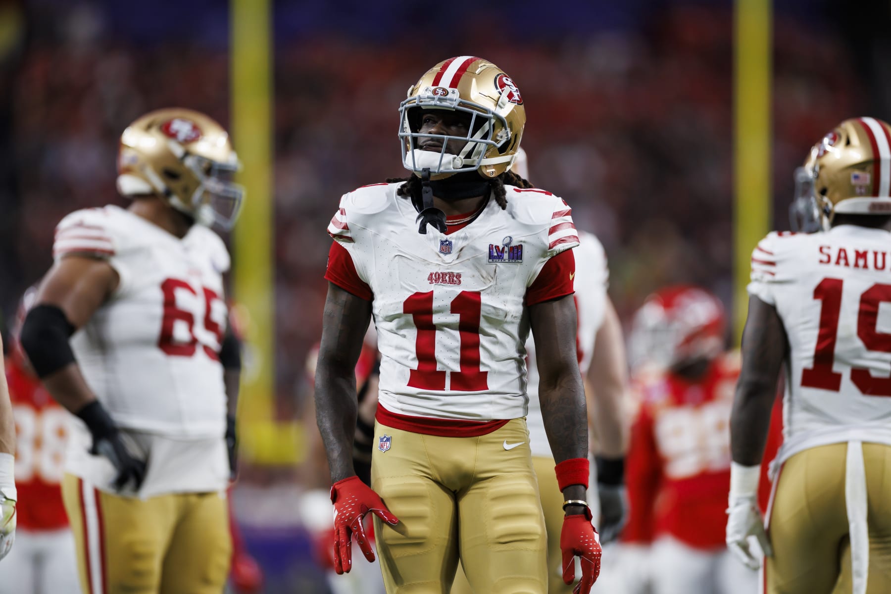 LAS VEGAS, NEVADA - FEBRUARY 11: Brandon Aiyuk #11 of the San Francisco 49ers looks on during Super Bowl LVIII against the Kansas City Chiefs at Allegiant Stadium on February 11, 2024 in Las Vegas, Nevada. (Photo by Ryan Kang/Getty Images)