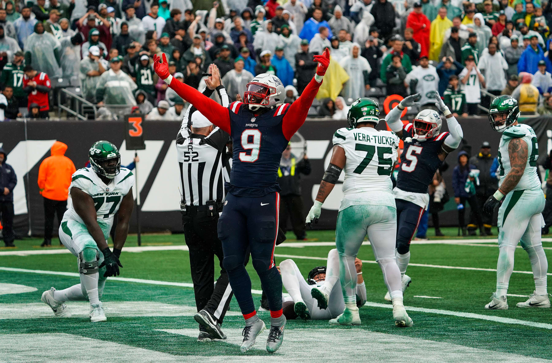 East Rutherford, NJ - September 24: New England Patriots LB Matthew Judon celebrates sacking New York Jets QB Zach Wilson in the end zone for a safety. The Patriots beat the Jets, 15-10. (Photo by Barry Chin/The Boston Globe via Getty Images)