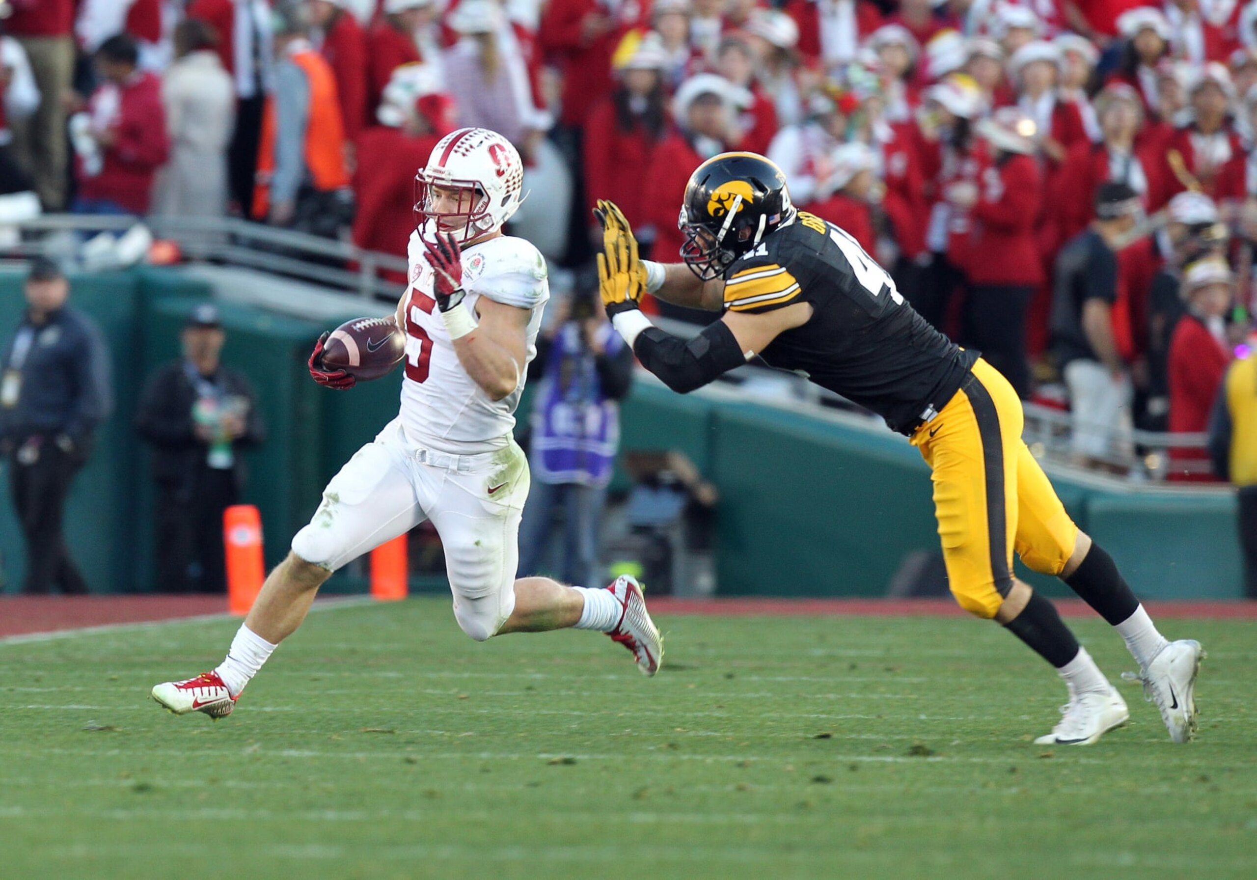January 01, 2016: Stanford running back Christian McCaffrey during the Rose Bowl game against Iowa at the Rose Bowl in Pasadena , CA. (Photo by Adam Davis/Icon Sportswire) (Photo by Adam Davis/Icon Sportswire/Corbis/Icon Sportswire via Getty Images)