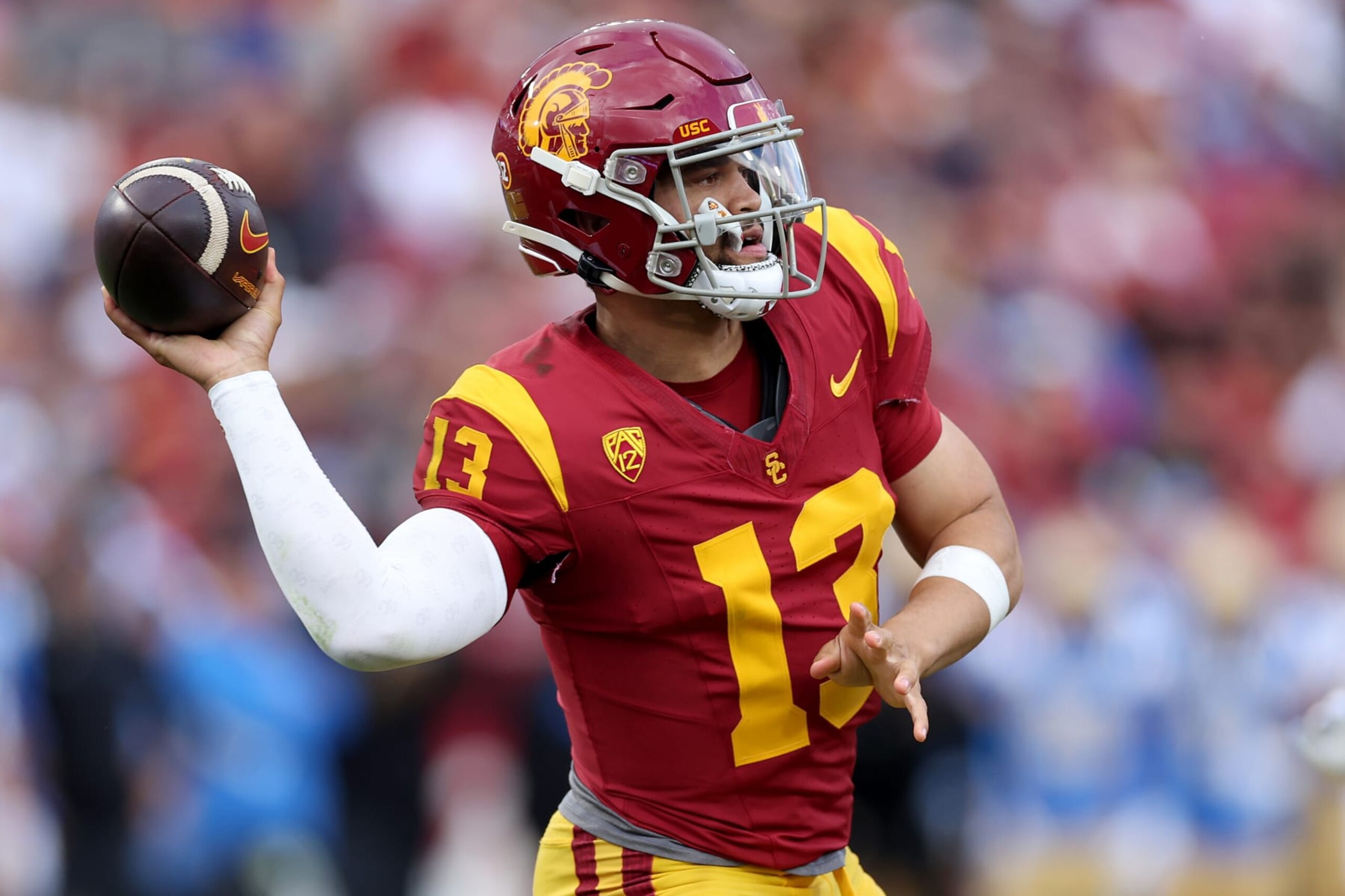 LOS ANGELES, CALIFORNIA - NOVEMBER 18: Caleb Williams #13 of the USC Trojans passes the ball during the first half of a game against the UCLA Bruins at United Airlines Field at the Los Angeles Memorial Coliseum on November 18, 2023 in Los Angeles, California. (Photo by Sean M. Haffey/Getty Images)