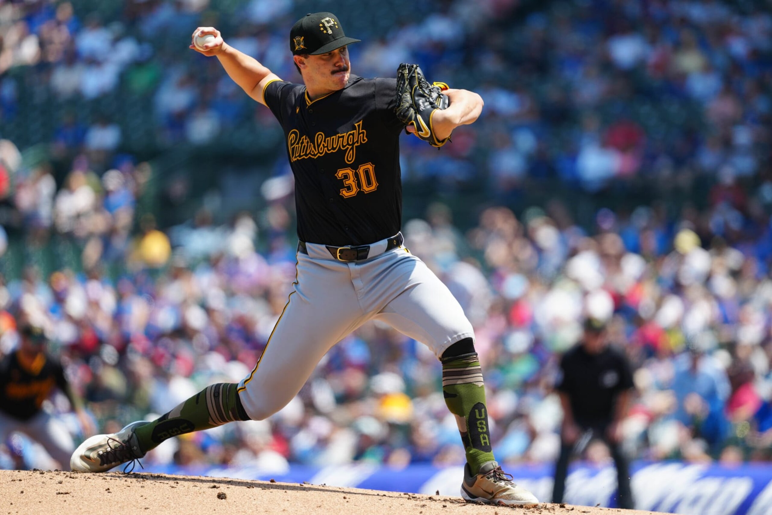 CHICAGO, IL - MAY 17:   Paul Skenes #30 of the Pittsburgh Pirates pitches during the game between the Pittsburgh Pirates and the Chicago Cubs at Wrigley Field on Friday, May 17, 2024 in Chicago, Illinois. (Photo by Daniel Shirey/MLB Photos via Getty Images)