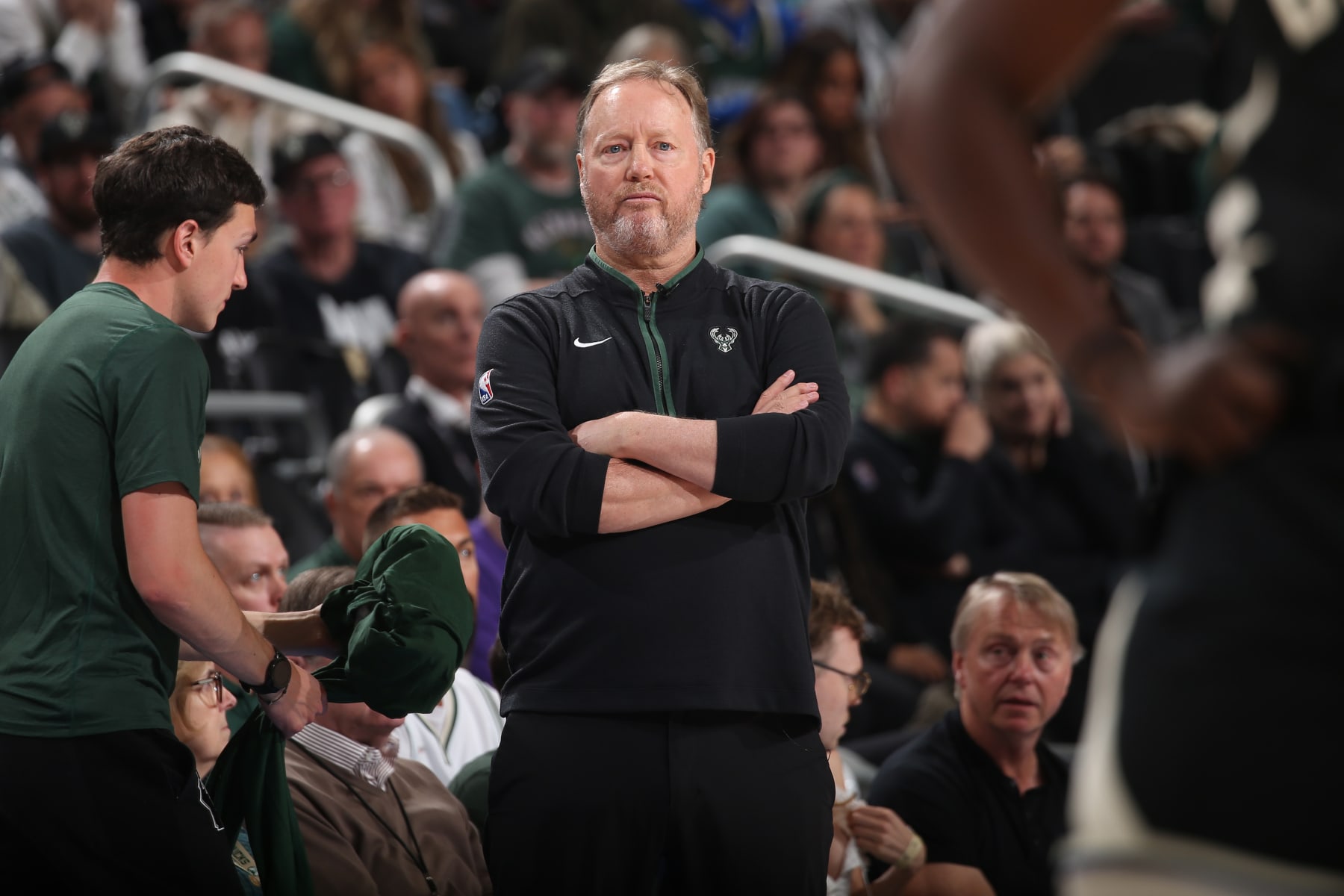 MILWAUKEE, WI - APRIL 16: Head Coach Mike Budenholzer of the Milwaukee Bucks looks on during Round One Game One of the 2023 NBA Playoffs against the Miami Heat on April 16, 2023 at the Fiserv Forum Center in Milwaukee, Wisconsin. NOTE TO USER: User expressly acknowledges and agrees that, by downloading and or using this Photograph, user is consenting to the terms and conditions of the Getty Images License Agreement. Mandatory Copyright Notice: Copyright 2023 NBAE (Photo by Gary Dineen/NBAE via Getty Images).