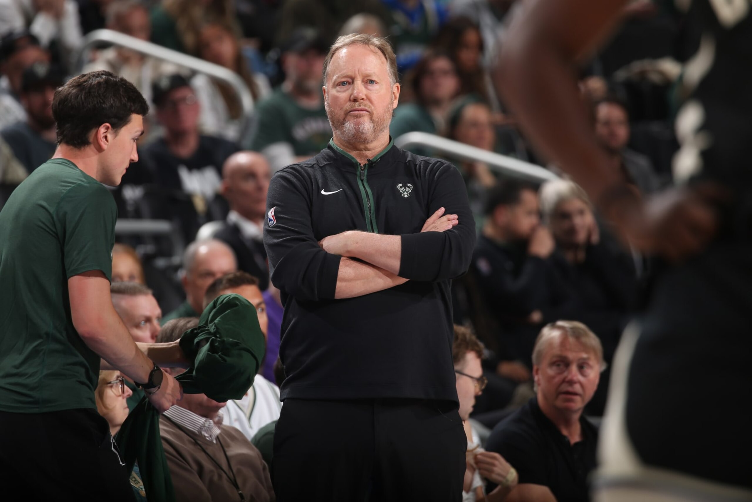 MILWAUKEE, WI - APRIL 16: Head Coach Mike Budenholzer of the Milwaukee Bucks looks on during Round One Game One of the 2023 NBA Playoffs against the Miami Heat on April 16, 2023 at the Fiserv Forum Center in Milwaukee, Wisconsin. NOTE TO USER: User expressly acknowledges and agrees that, by downloading and or using this Photograph, user is consenting to the terms and conditions of the Getty Images License Agreement. Mandatory Copyright Notice: Copyright 2023 NBAE (Photo by Gary Dineen/NBAE via Getty Images).