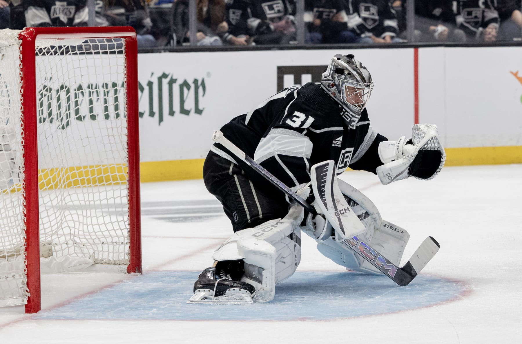 LOS ANGELES, CA - APRIL 28, 2024: Los Angeles Kings goaltender David Rittich (31) only gave up one goal in the Kings 1-0 loss to the Edmonton Oilers in Game 4 of the first round of  the Stanley Cup playoffs at Crypto.com Arena on April  28, 2024 in Los Angeles, CA.(Gina Ferazzi / Los Angeles Times via Getty Images)