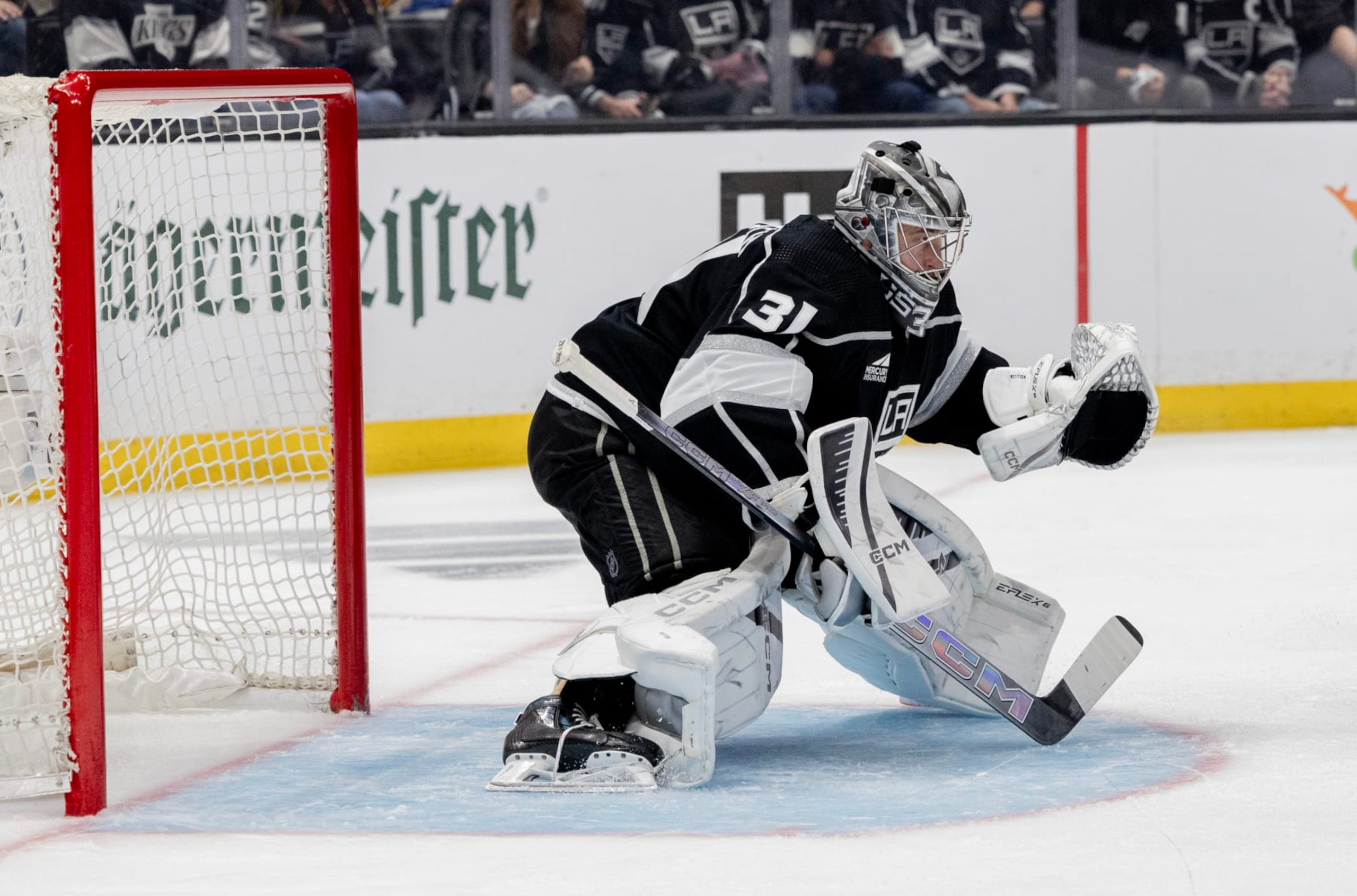 LOS ANGELES, CA - APRIL 28, 2024: Los Angeles Kings goaltender David Rittich (31) only gave up one goal in the Kings 1-0 loss to the Edmonton Oilers in Game 4 of the first round of  the Stanley Cup playoffs at Crypto.com Arena on April  28, 2024 in Los Angeles, CA.(Gina Ferazzi / Los Angeles Times via Getty Images)