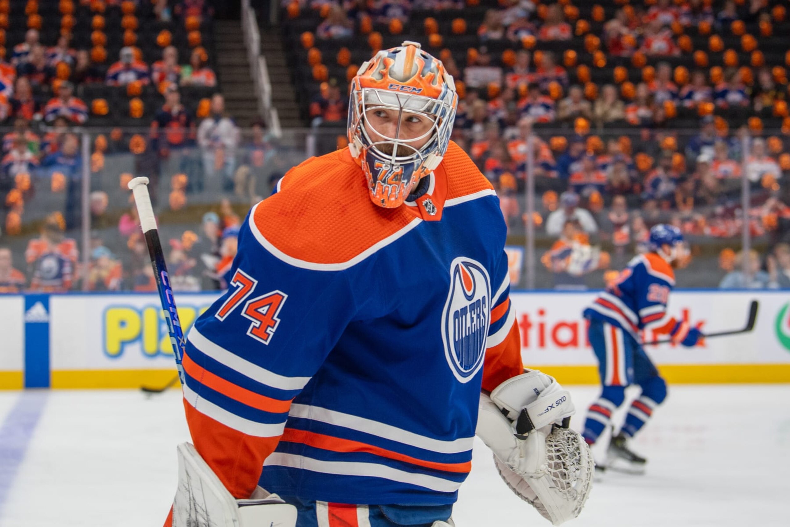 EDMONTON, CANADA - MAY 12: Goaltender Stuart Skinner #74 of the Edmonton Oilers warms up before Game Three of the Second Round of the 2024 Stanley Cup Playoffs against the Vancouver Canucks at Rogers Place on May 12, 2024, in Edmonton, Alberta, Canada. (Photo by Andy Devlin/NHLI via Getty Images)