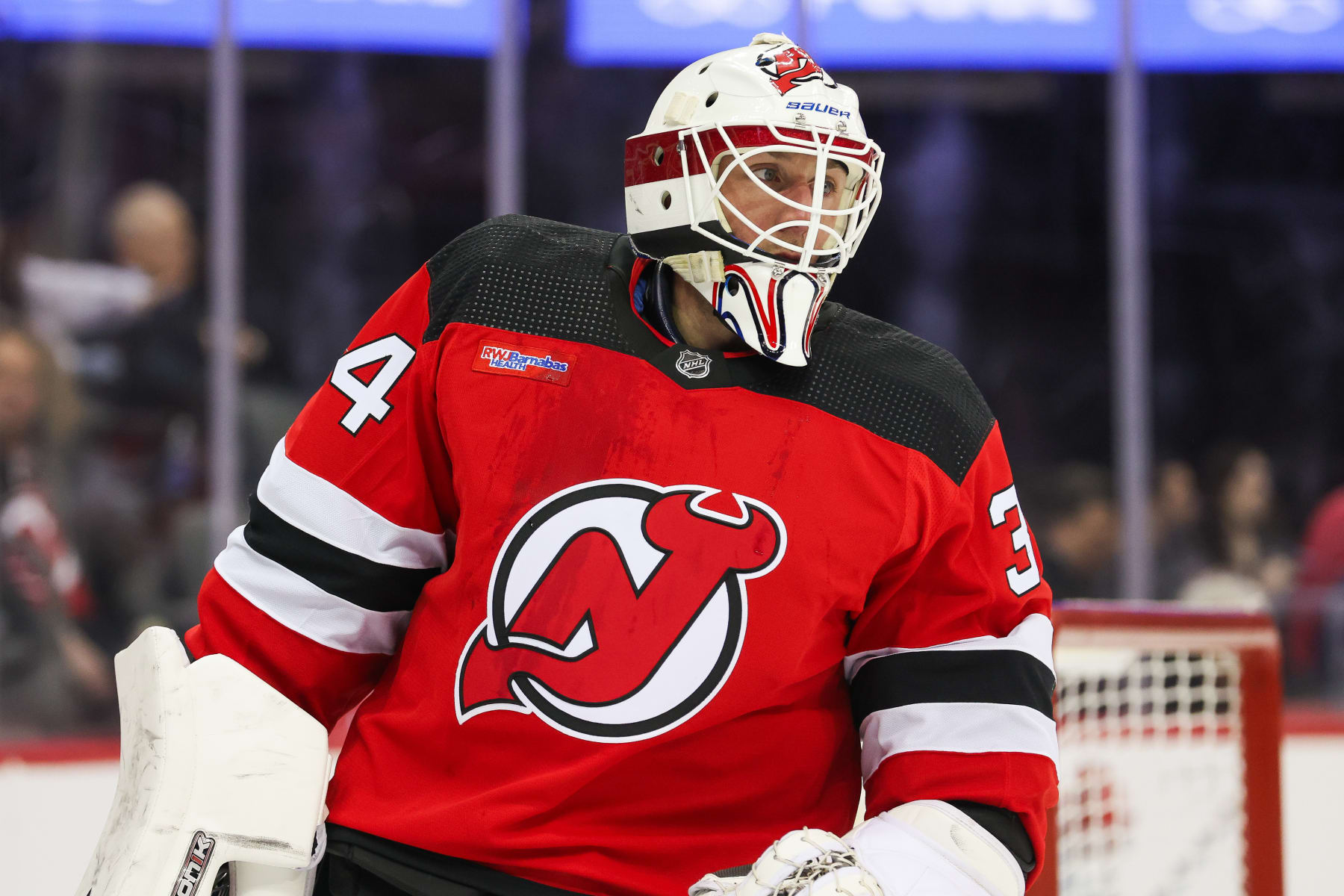 NEWARK, NJ - MARCH 21: New Jersey Devils goaltender Jake Allen (34) looks on during a game between the Winnipeg Jets and New Jersey Devils on March 21, 2024 at Prudential Center in the Newark, New Jersey. (Photo by Andrew Mordzynski/Icon Sportswire via Getty Images)