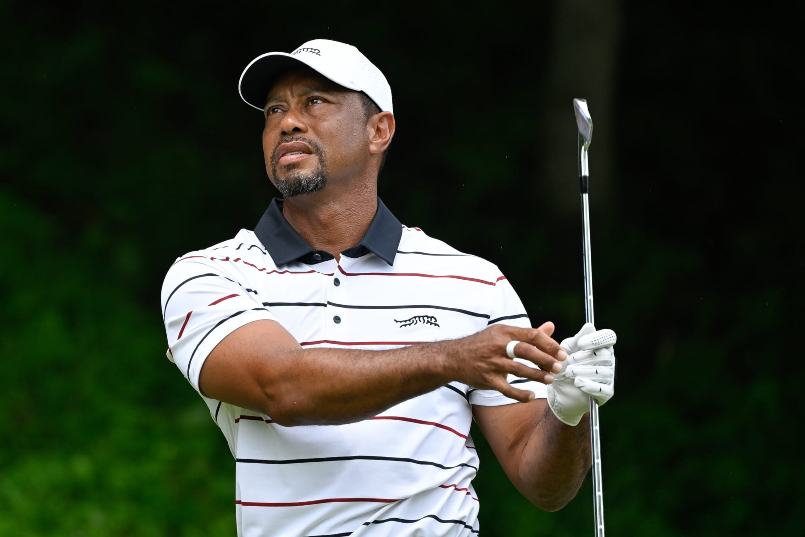 LOUISVILLE, KENTUCKY - MAY 17: Tiger Woods hits a shot on the third tee box during the second round of PGA Championship at Valhalla Golf Club on May 17, 2024 in Louisville, Kentucky. (Photo by Ben Jared/PGA TOUR via Getty Images)