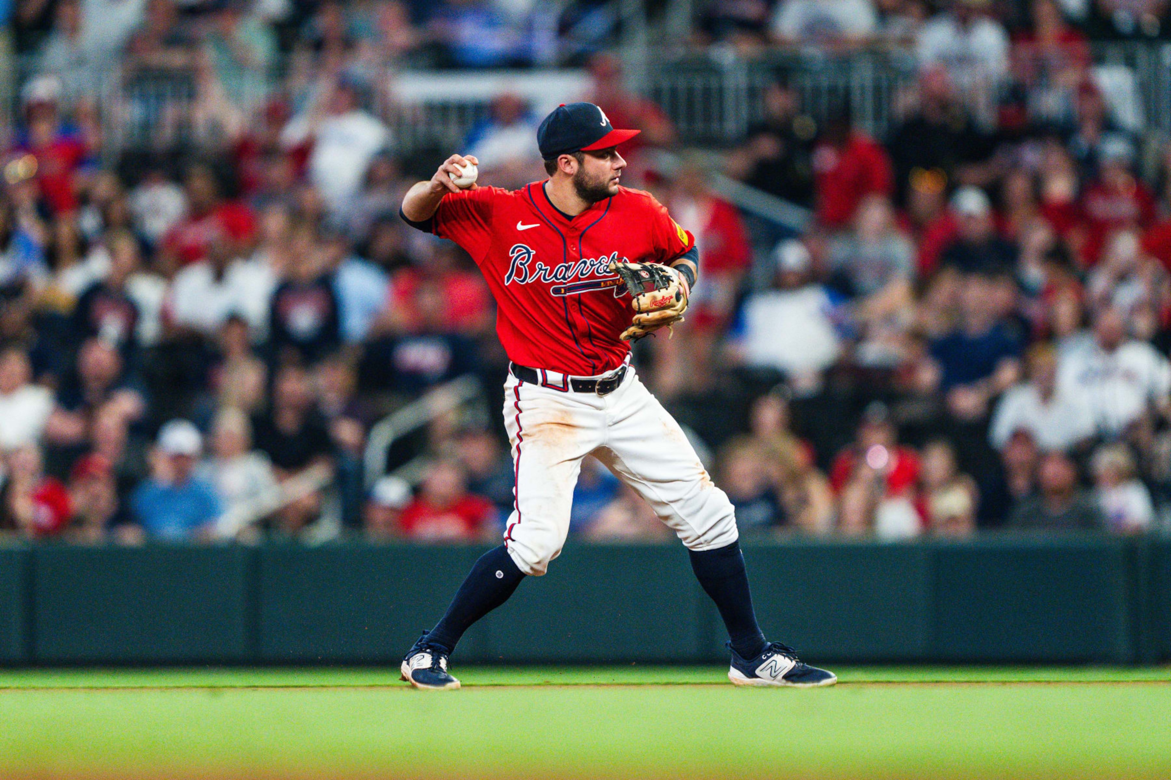 ATLANTA, GA - APRIL 19: David Fletcher #22 of the Atlanta Braves throws the ball in the ninth inning against the Texas Rangers at Truist Park on April 19, 2024 in Atlanta, Georgia. (Photo by Matthew Grimes Jr./Atlanta Braves/Getty Images)