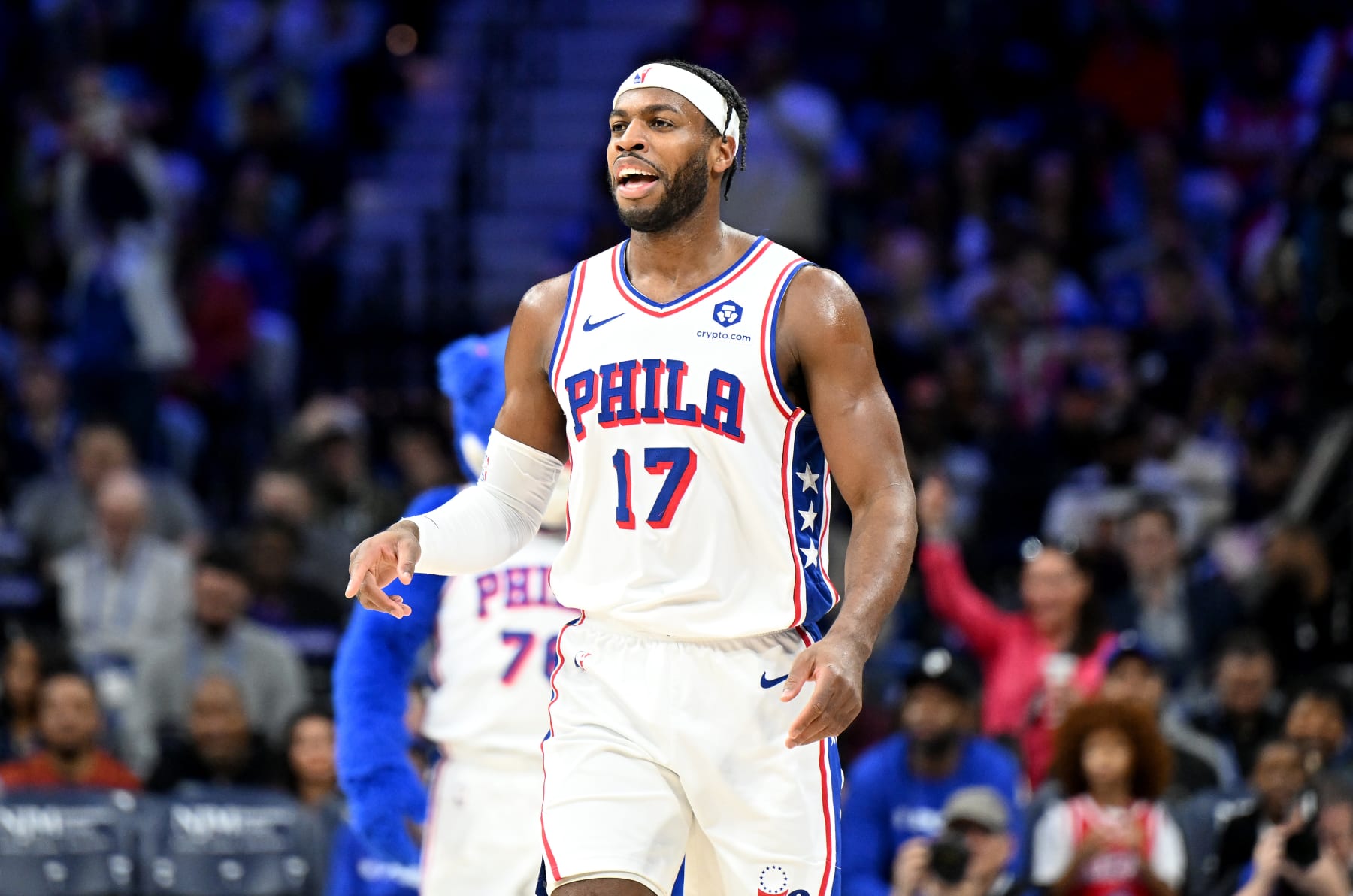 PHILADELPHIA, PENNSYLVANIA - APRIL 14: Buddy Hield #17 of the Philadelphia 76ers celebrates during the game against the Brooklyn Nets at the Wells Fargo Center on April 14, 2024 in Philadelphia, Pennsylvania.  NOTE TO USER: User expressly acknowledges and agrees that, by downloading and or using this photograph, User is consenting to the terms and conditions of the Getty Images License Agreement. (Photo by G Fiume/Getty Images)