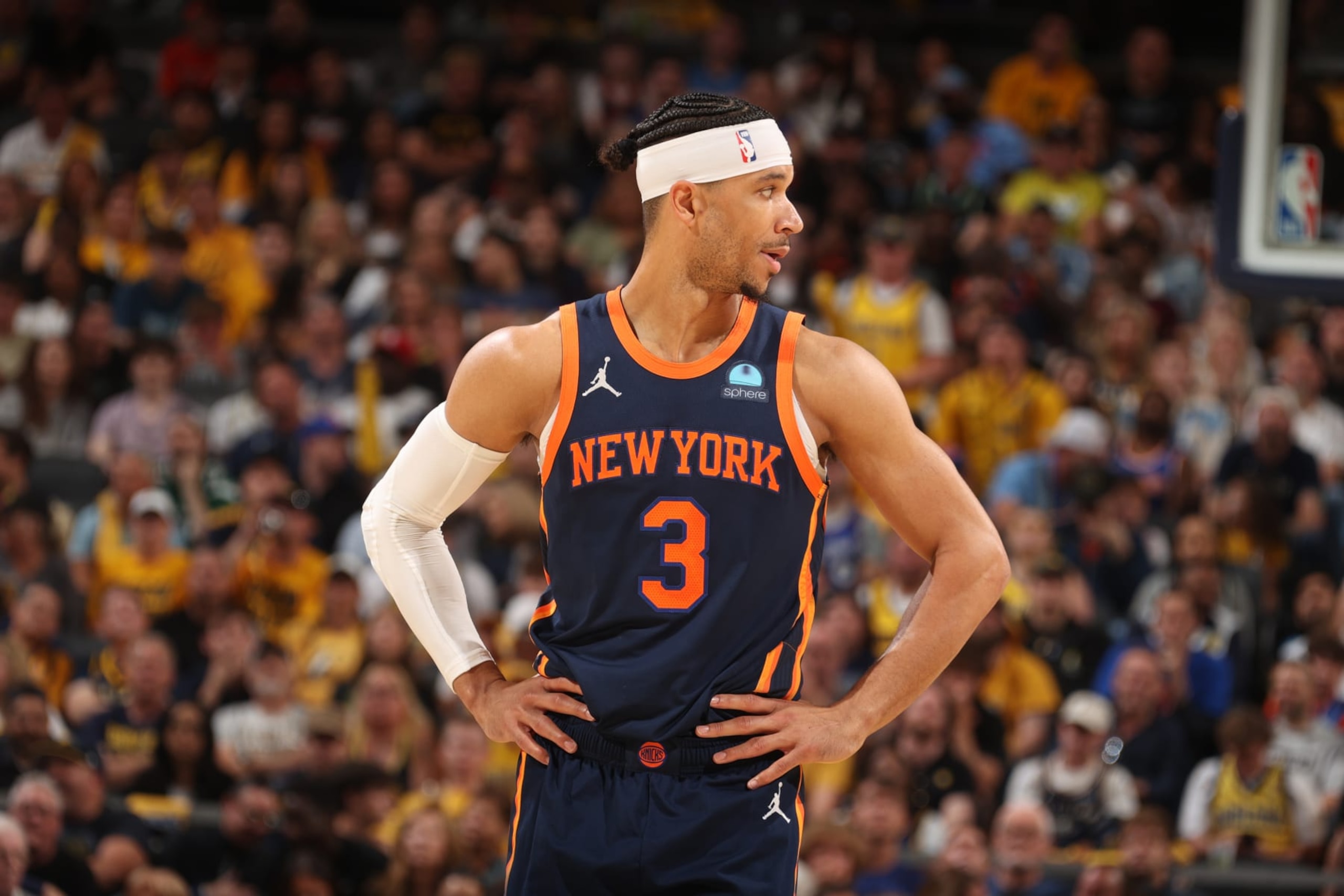 INDIANAPOLIS, IN - MAY 12:  Josh Hart #3 of the New York Knicks looks on during the game against the Indiana Pacers during Round 2 Game 4  of the 2024 NBA Playoffs on May 12, 2024 at Gainbridge Fieldhouse in Indianapolis, Indiana. NOTE TO USER: User expressly acknowledges and agrees that, by downloading and or using this Photograph, user is consenting to the terms and conditions of the Getty Images License Agreement. Mandatory Copyright Notice: Copyright 2024 NBAE (Photo by Nathaniel S. Butler/NBAE via Getty Images)
