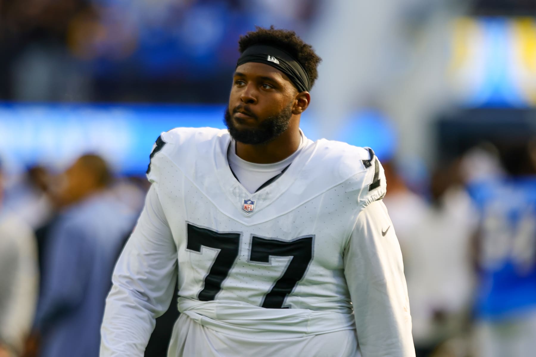 INGLEWOOD, CA - OCTOBER 1: Las Vegas Raiders offensive tackle Thayer Munford Jr. (77) walks off the field after the NFL regular season game between the Las Vegas Raiders and the Los Angeles Chargers on October 1, 2023, at SoFi Stadium in Inglewood, CA. (Photo by Jordon Kelly/Icon Sportswire via Getty Images)