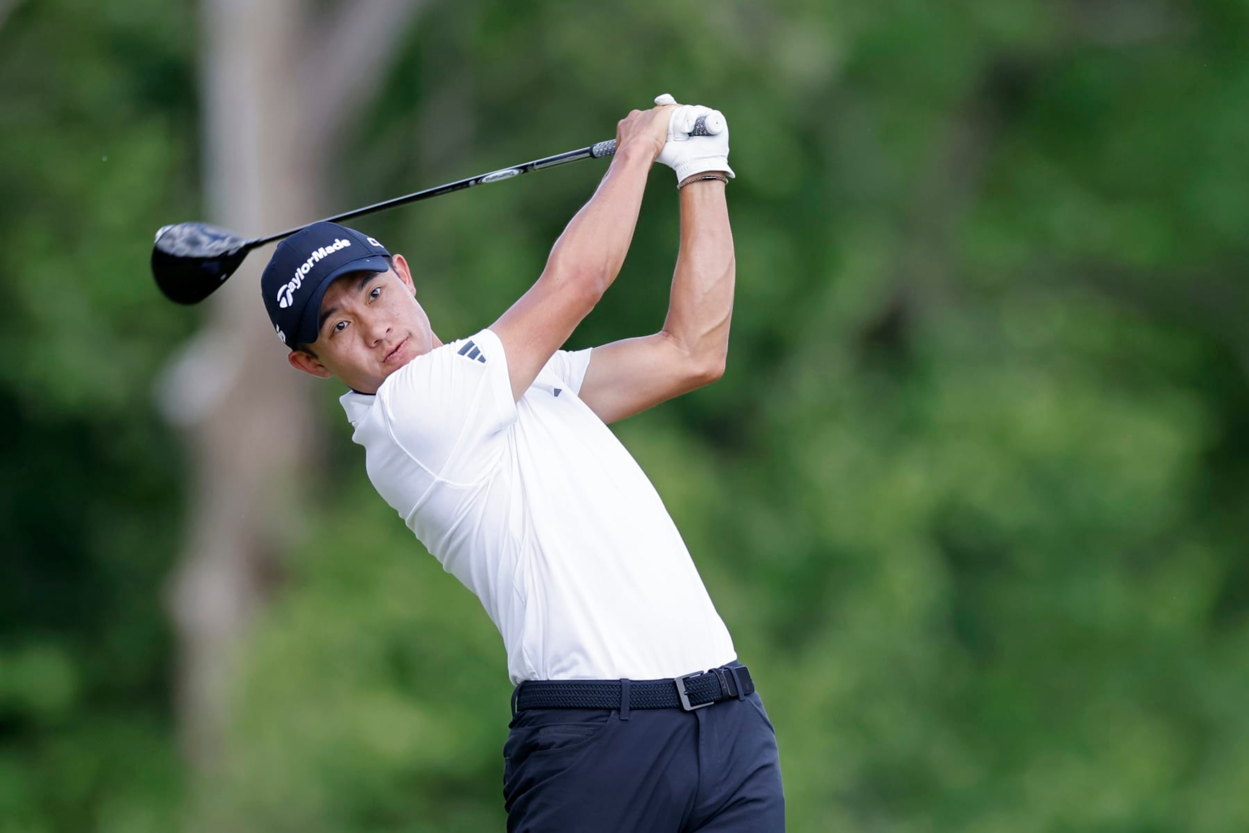 LOUISVILLE, KY - MAY 18: Collin Morikawa (USA) hits a drive at the fifth hole during the third round of the 2024 PGA Championship at Valhalla Golf Club on May 18, 2024 in Louisville, Kentucky. (Photo by Joe Robbins/Icon Sportswire via Getty Images)