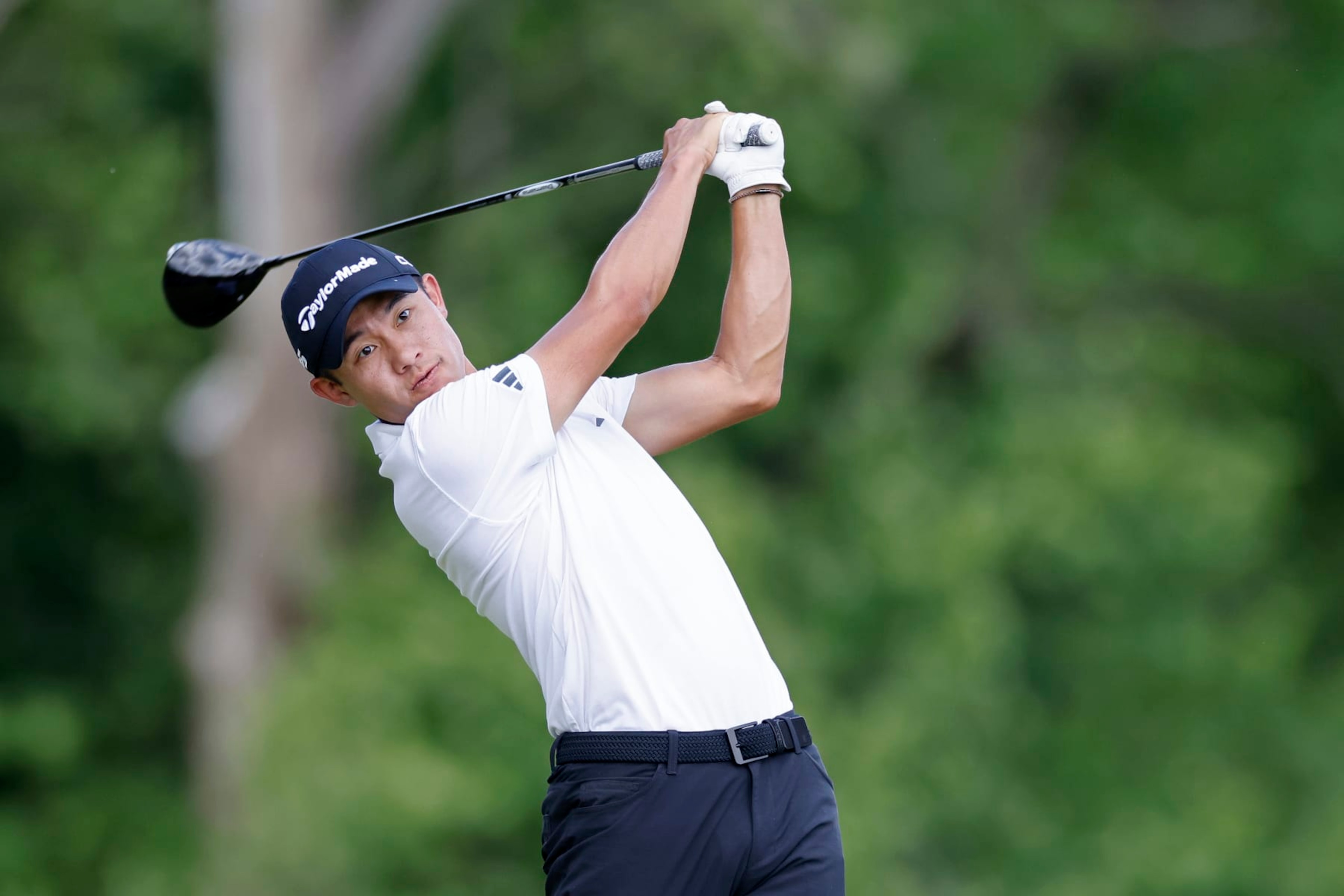LOUISVILLE, KY - MAY 18: Collin Morikawa (USA) hits a drive at the fifth hole during the third round of the 2024 PGA Championship at Valhalla Golf Club on May 18, 2024 in Louisville, Kentucky. (Photo by Joe Robbins/Icon Sportswire via Getty Images)