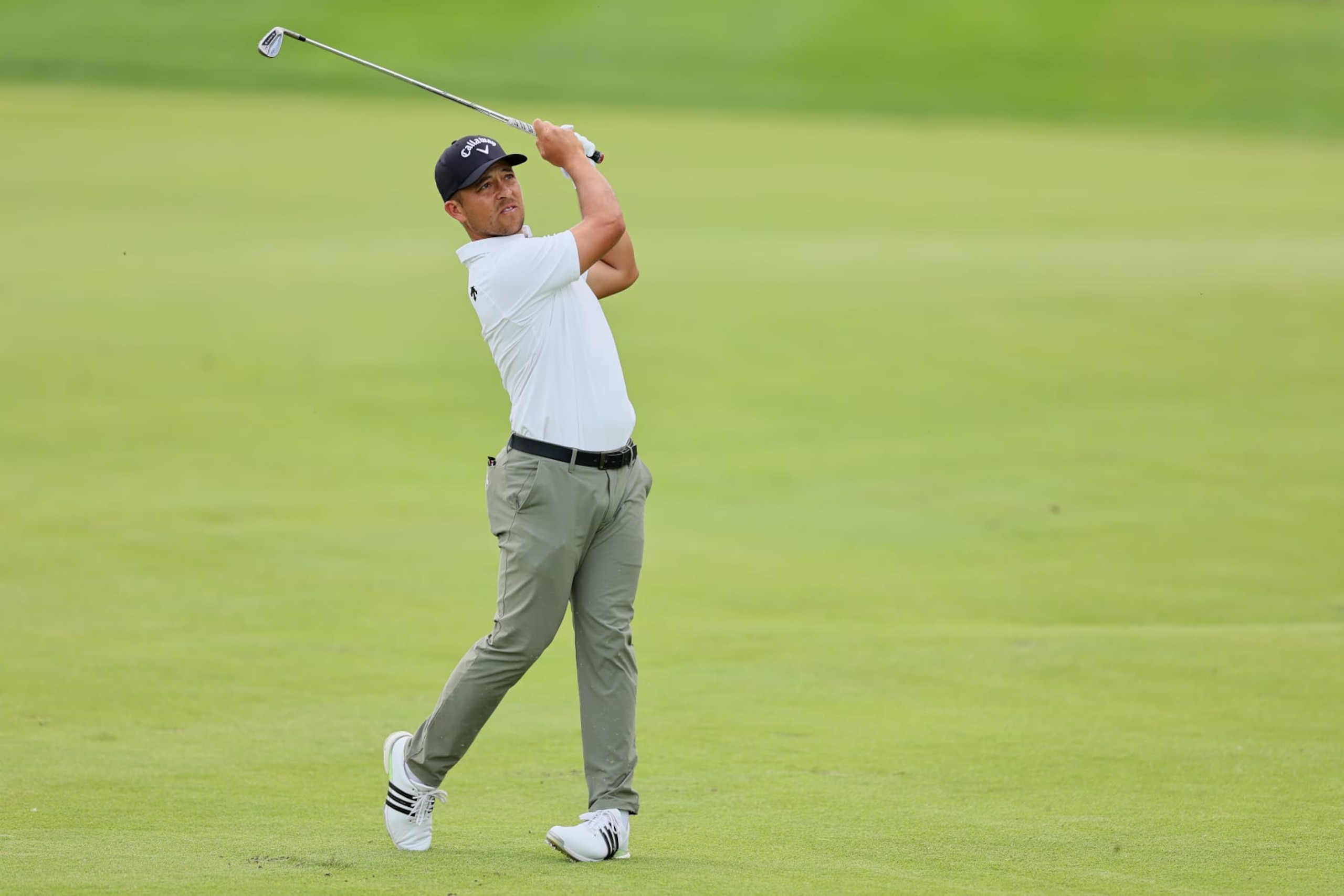 LOUISVILLE, KENTUCKY - MAY 18: Xander Schauffele of the United States plays a second shot on the first hole during the third round of the 2024 PGA Championship at Valhalla Golf Club on May 18, 2024 in Louisville, Kentucky. (Photo by Andy Lyons/Getty Images)