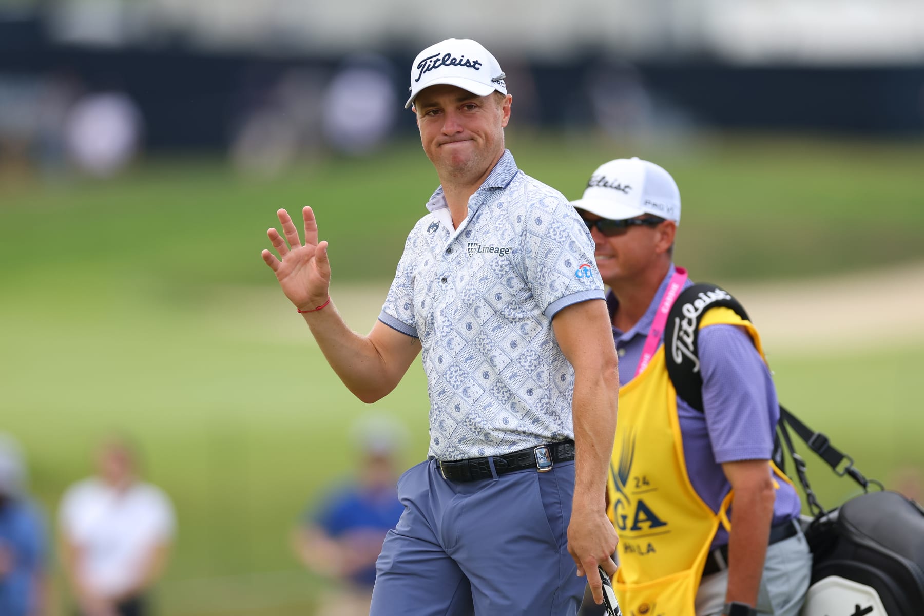 LOUISVILLE, KENTUCKY - MAY 18: Justin Thomas of the United States walks on the first green during the third round of the 2024 PGA Championship at Valhalla Golf Club on May 18, 2024 in Louisville, Kentucky. (Photo by Michael Reaves/Getty Images)
