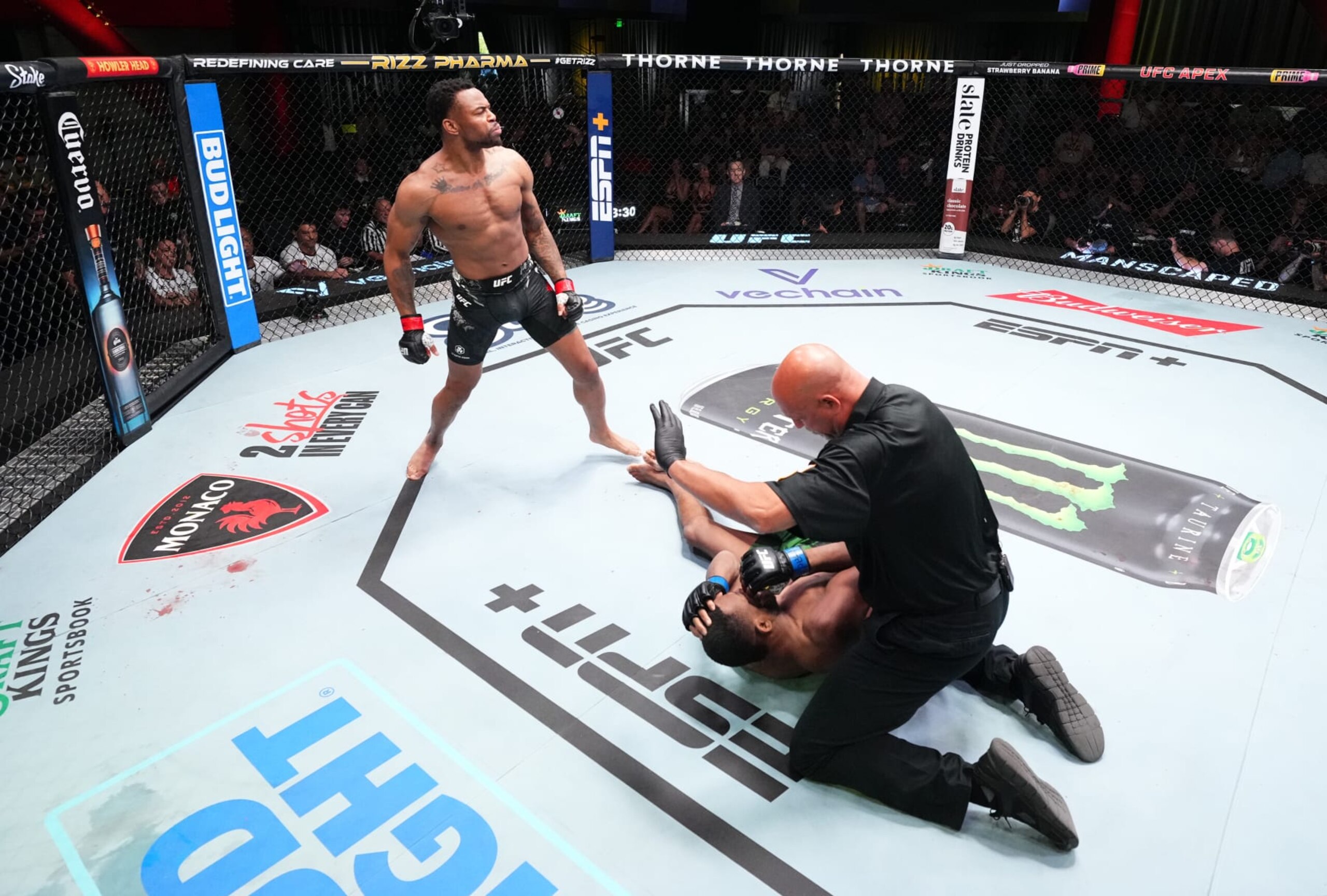 Khaos Williams reacts after his knockout victory against Carlston Harris