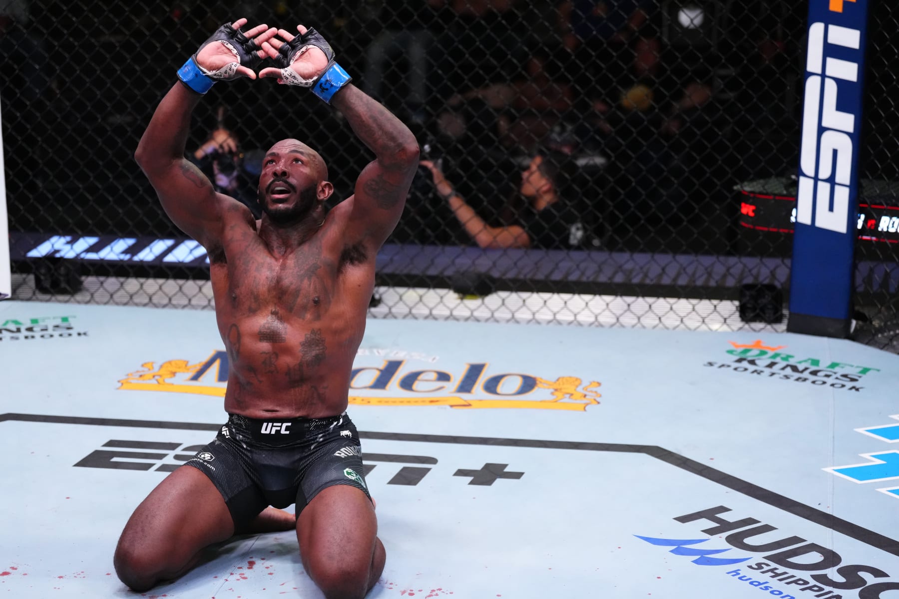 LAS VEGAS, NEVADA - DECEMBER 09: Khalil Rountree Jr. reacts after his knockout against Anthony Smith in a light heavyweight fight during the UFC Fight Night event at UFC APEX on December 09, 2023 in Las Vegas, Nevada. (Photo by Jeff Bottari/Zuffa LLC via Getty Images)