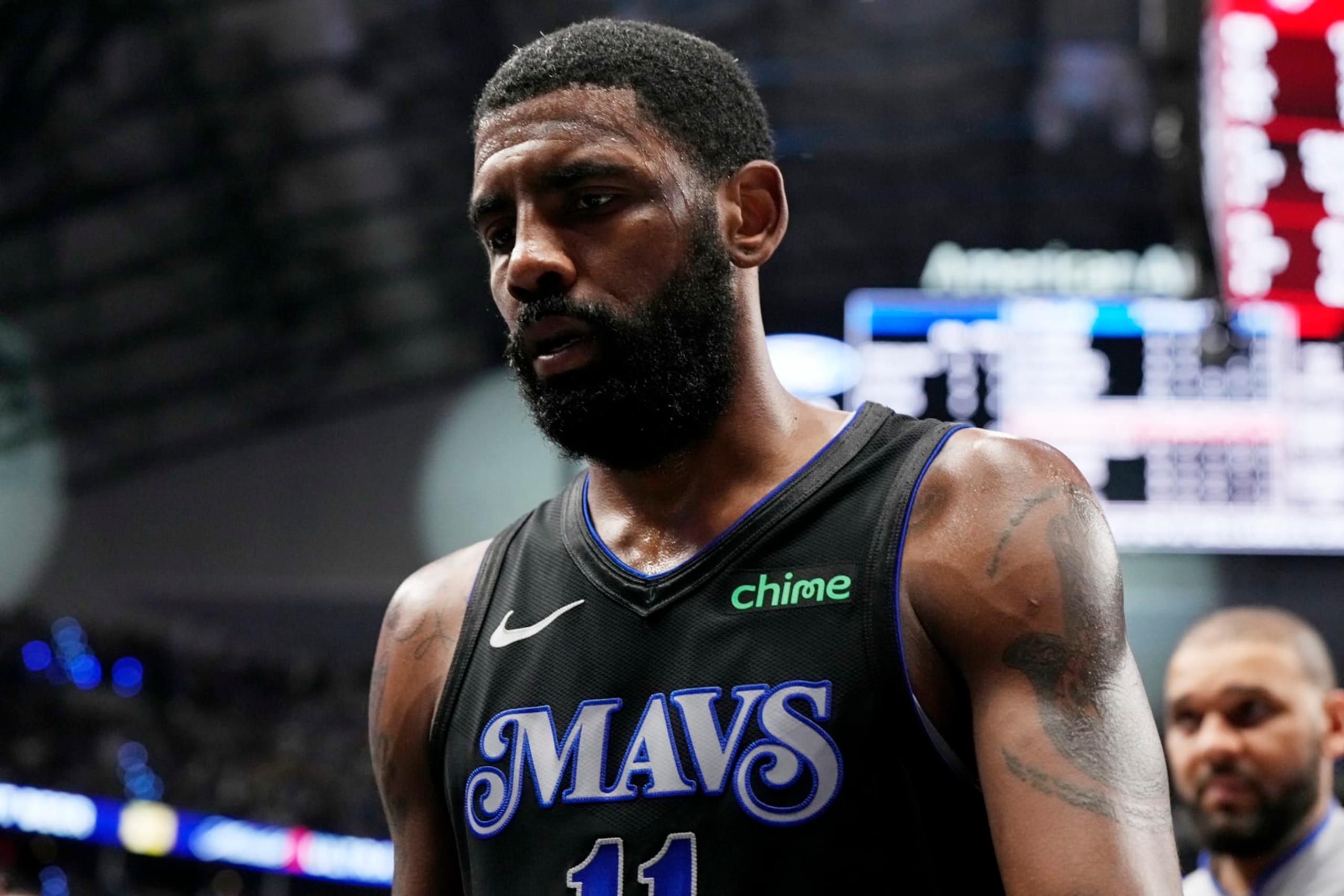 DALLAS, TEXAS - MAY 18: Kyrie Irving #11 of the Dallas Mavericks walks off the court at the end of the first half against the Oklahoma City Thunder in Game Six of the Western Conference Second Round Playoffs at American Airlines Center on May 18, 2024 in Dallas, Texas. NOTE TO USER: User expressly acknowledges and agrees that, by downloading and or using this photograph, User is consenting to the terms and conditions of the Getty Images License Agreement. (Photo by Sam Hodde/Getty Images)