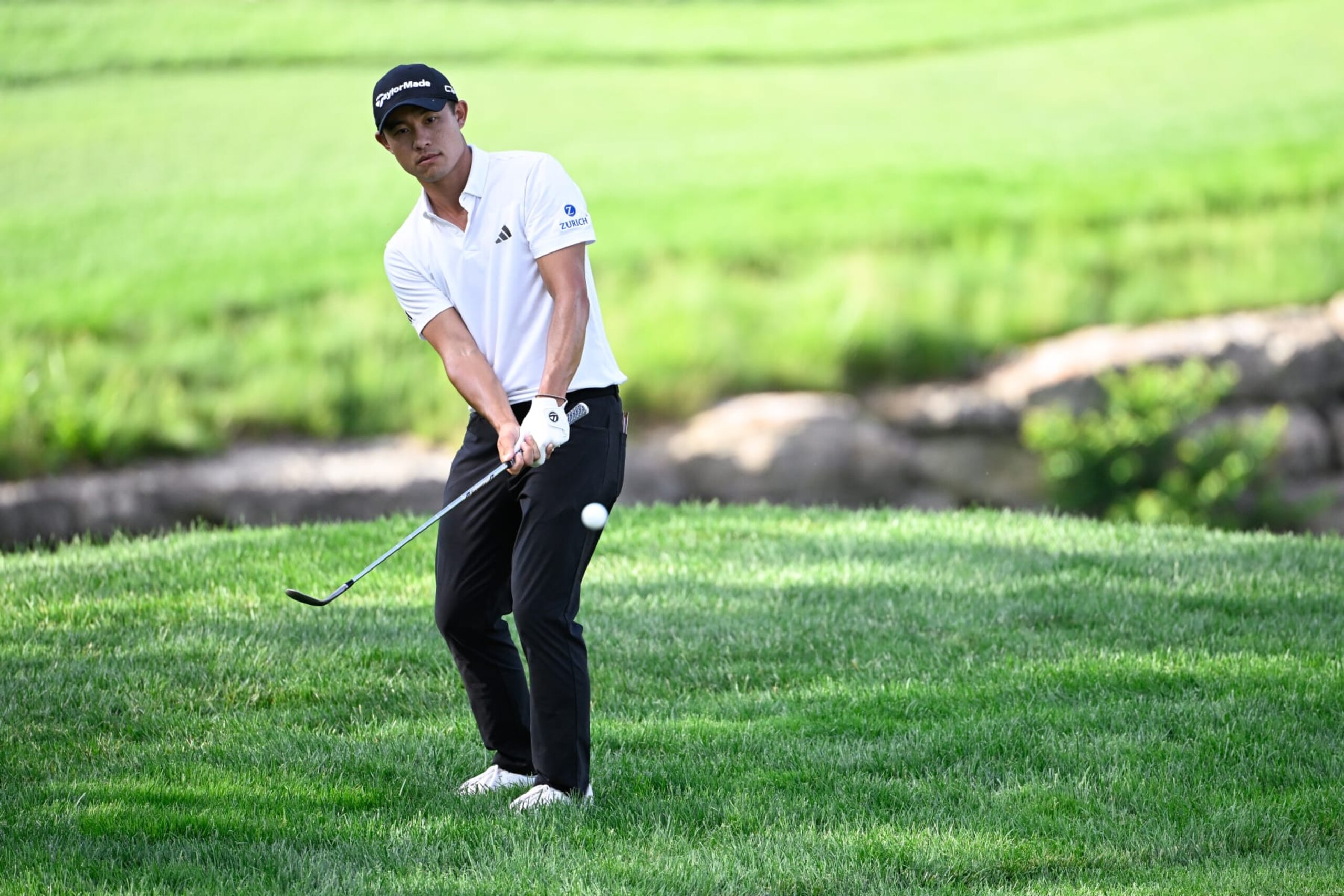 LOUISVILLE, KENTUCKY - MAY 18: Collin Morikawa chips onto the 16th green during the third round of  PGA Championship at Valhalla Golf Club on May 18, 2024 in Louisville, Kentucky. (Photo by Ben Jared/PGA TOUR via Getty Images)