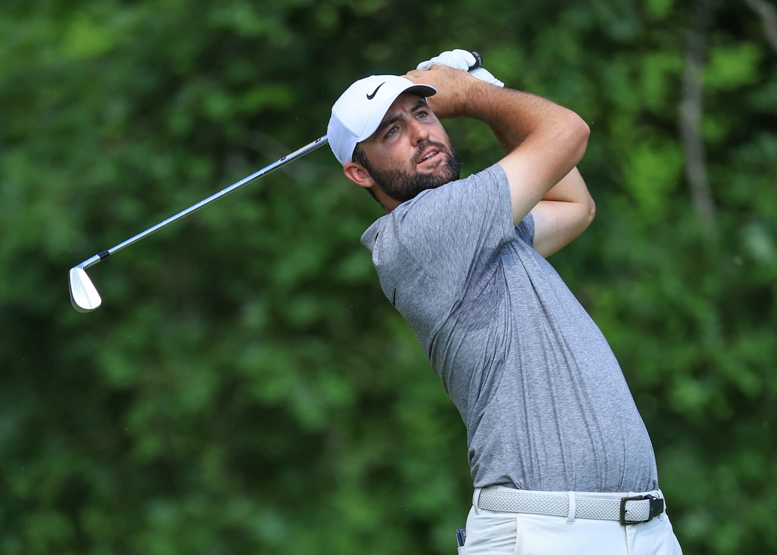 LOUISVILLE, KENTUCKY - MAY 18: Scottie Scheffler of The United States plays his tee shot on the 11th hole during the third round of the 2024 PGA Championship at Valhalla Golf Club on May 18, 2024 in Louisville, Kentucky. (Photo by David Cannon/Getty Images)